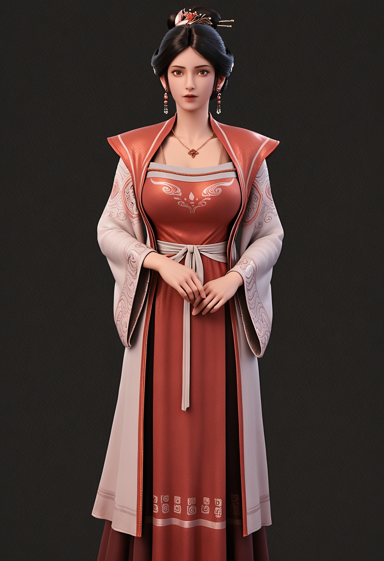 score_9,looking_at_viewer,(large breasts:0.8),xushi,1girl,solo,black hair,jewelry,earrings,realistic,hair ornament,hair bun,necklace,brown eyes,chinese clothes,lips,long sleeves,dress,hanfu,shoes,(simple background,pure black background,black background:1.1),perfect_anatomy,<lora:QQSponyxushiV1:0.8>,