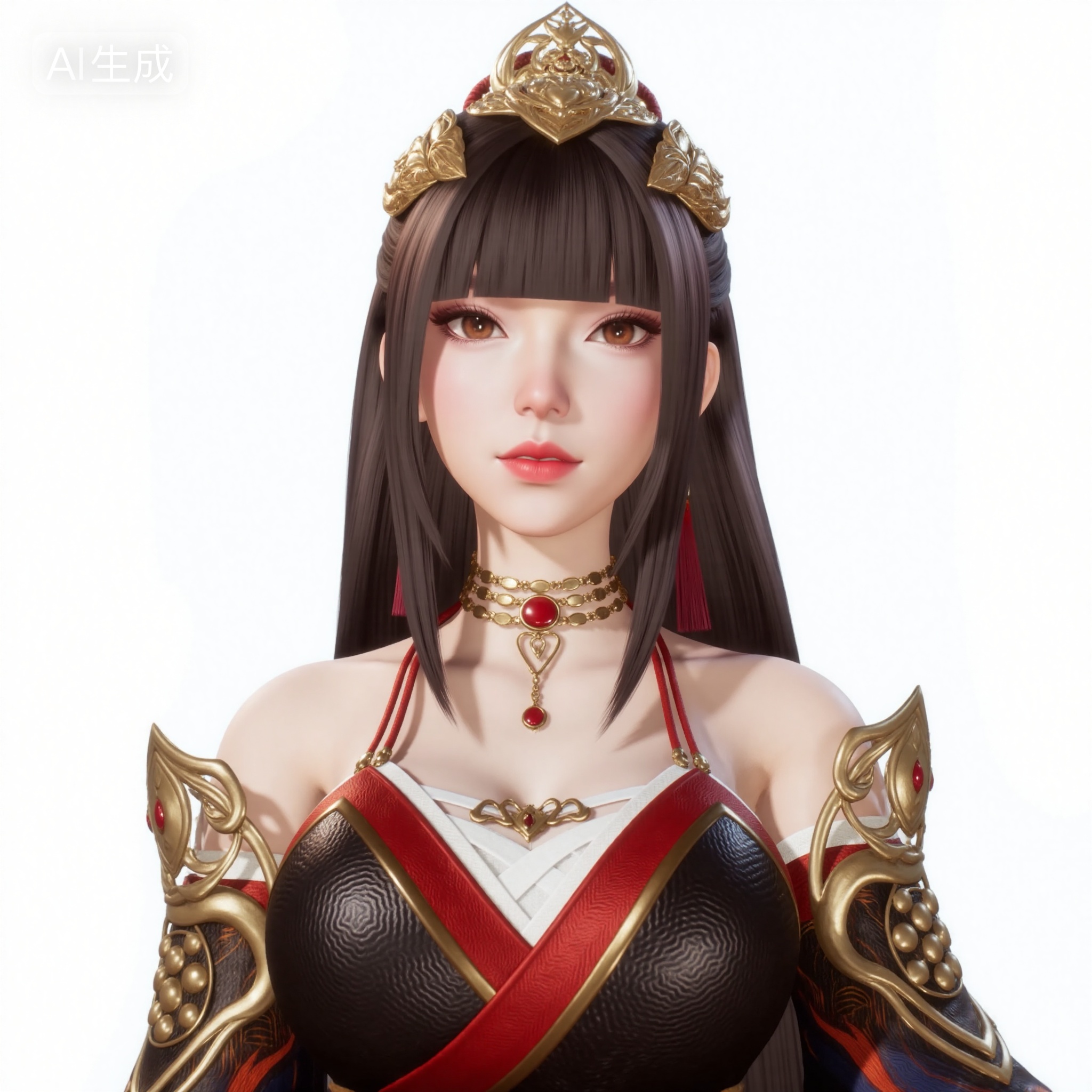 mimi,You Yi Han,upper-body view,mimi,looking at viewer,front view,, long straight dark brown hair with bangs styled with an ornate golden crown and a red rope tied at the back,warm amber eyes,golden choker with red gemstone,matching dangling earrings with crimson tassels,off-shoulder fantasy robe in black and deep red with gold trim,layered white undergarment,ornate golden shoulder guards with dragon-scale patterns and embedded red gems,wide flowing sleeves with red and gold accents,black fabric with subtle wave patterns accented with swirling flame-like designs in orange and blue,, plain white background,studio lighting,sharp focus,, Negative prompt: ng_deepnegative_v1_75t,(badhandv4:1.2),EasyNegative,(worst quality:2),,nsfw, Steps: 30, Sampler: Euler, CFG scale: 3.5, Seed: 3292481347, Size: 1024x1024, Model hash: 0734f0ab2a, Model: F.1 模型下载版-黑暗森林工作室_fp16.sft, Denoising strength: 0.4, RNG: CPU, Lora 1: 20251022-1761149905385-0008, Lora Hash 1: 278bdf9851, Lora Weight 1: 0.75, Lora 2: 金宝-F.1-妆容.美颜.磨皮。三合一, Lora Hash 2: 9fa9e2a424, Lora Weight 2: 0.2, vae_name: automatic, Hires resize: 2048x2048, Hires steps: 30, Hires upscaler: 4x-UltraSharp