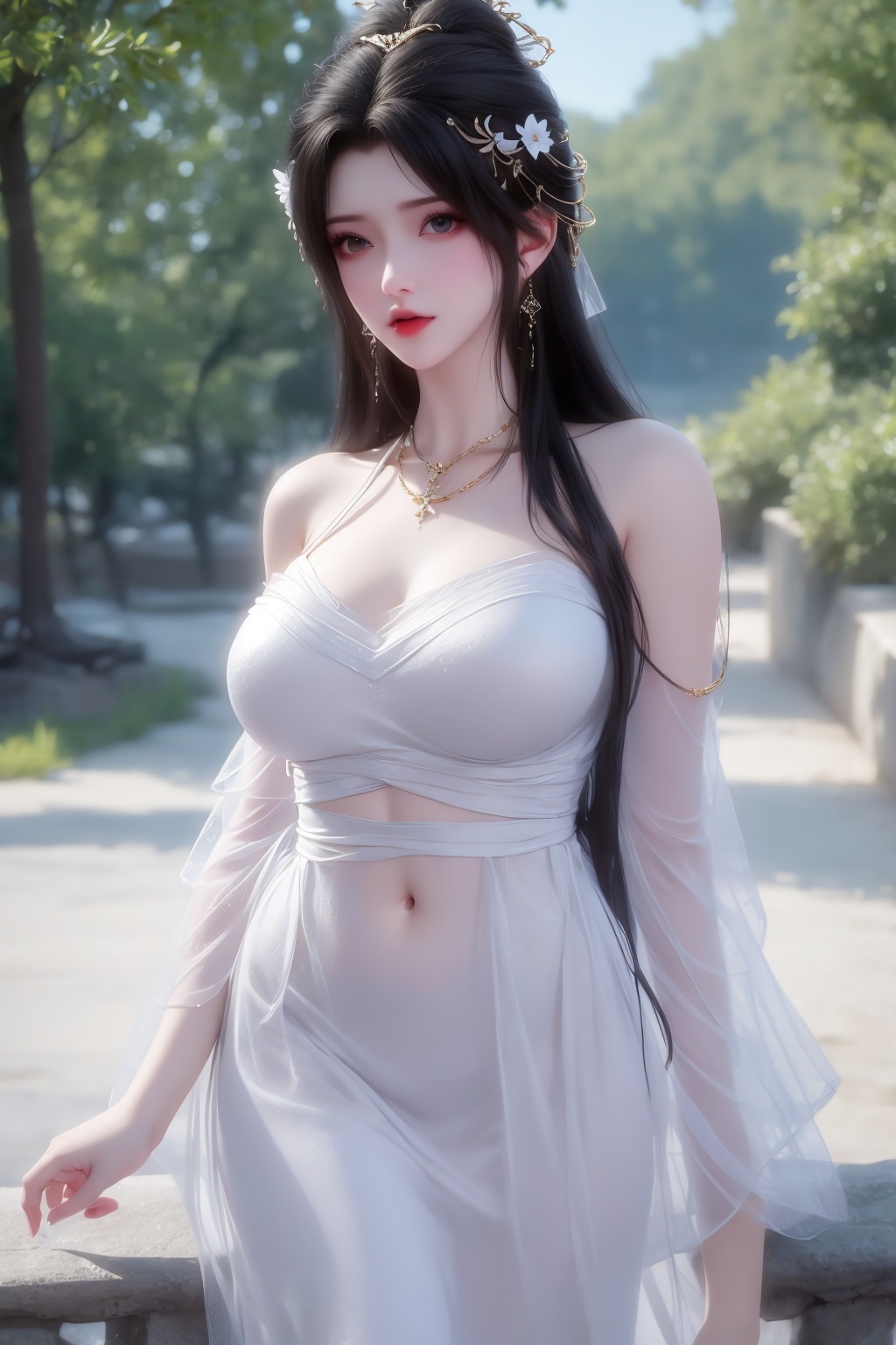 <lora:01清漪第一版:1>,1girl,dress,hair ornament,jewelry,white dress,earrings,solo,black hair,long hair,bare shoulders,breasts,necklace,hair bun,blurry background,covered navel,
