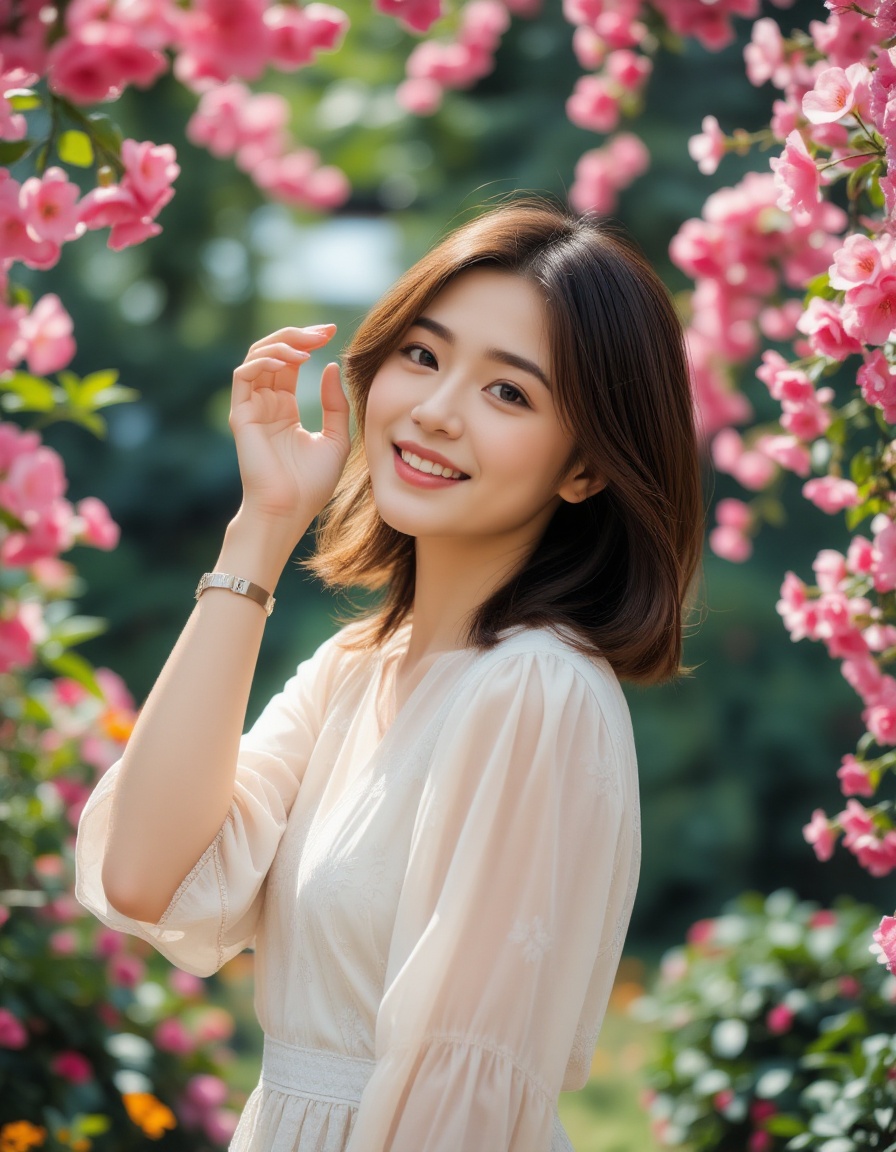 A high-quality photograph of a young woman standing in a vibrant garden,  smiling brightly. She has short,  wavy brown hai...
