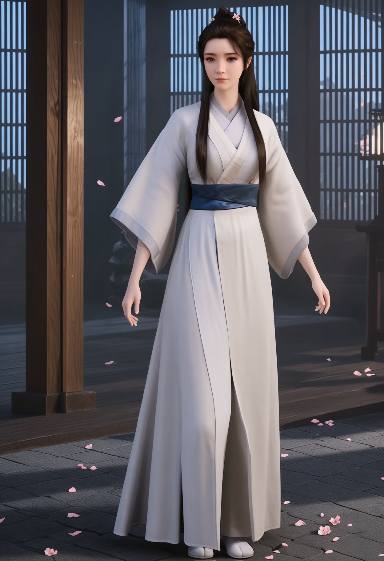 (full_body:1.1),(looking at viewer:1.1),masterpiece,(best quality),smog,Dark room,dim lighting,peach blossom,falling petals,<lora:YQ_Illustrious光辉v5_辛如音_V1:0.8>,q1528437228,1girl,solo,long hair,chinese clothes,hanfu,white dress,black hair,brown hair,hair ornament,brown eyes,sash,hair bun,hair flower,black eyes,braid,ponytail,forehead,jewelry,