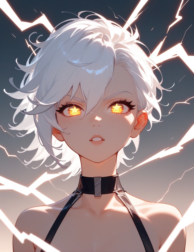 score_9_up,score_8_up,1girl,Phototropism,lightning face,white hair,