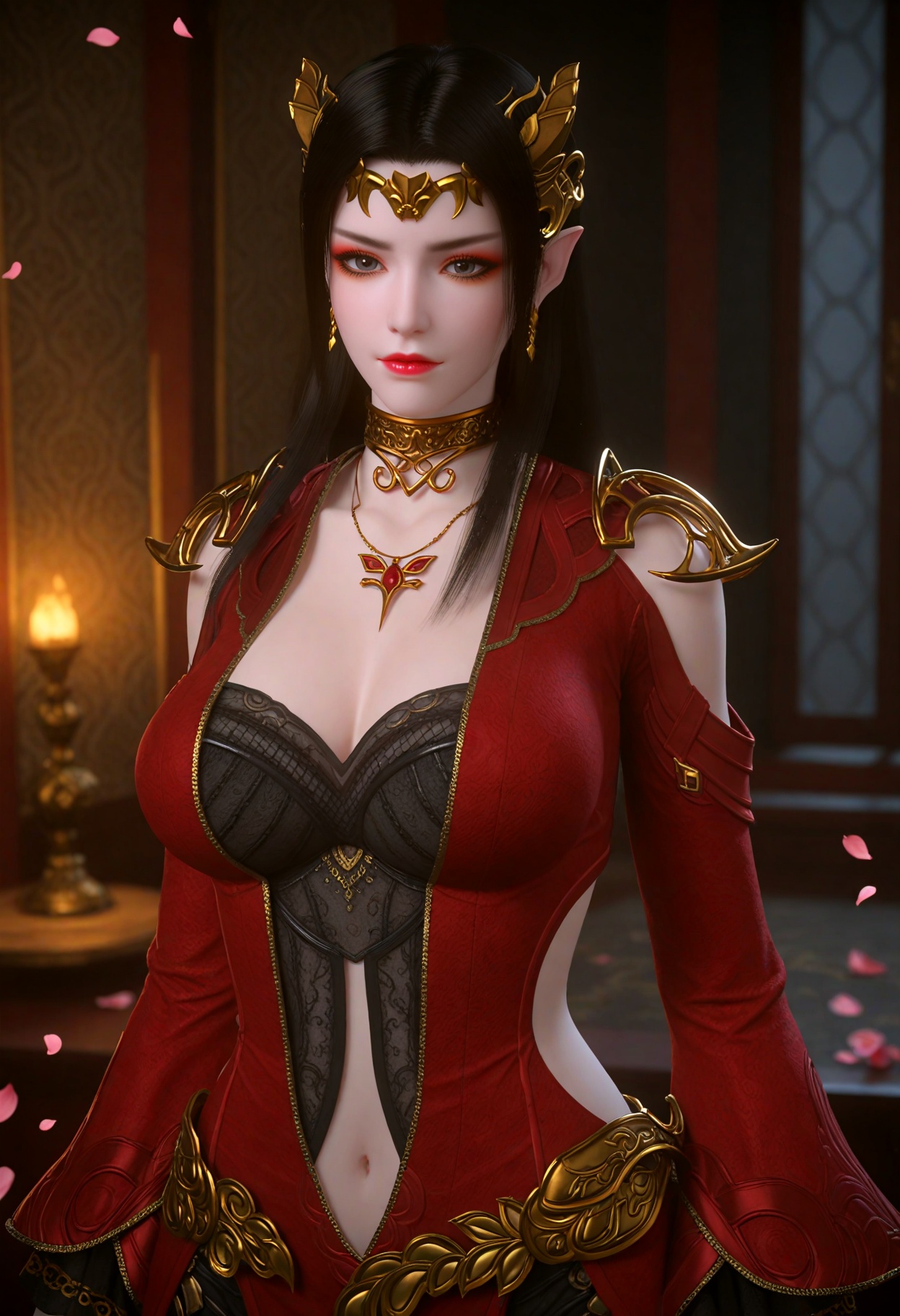 (cowboy shot:1.2),(gigantic breasts:0.6),(slender:1.3),(looking_at_viewer:1.1),(masterpiece:1.1),(best quality:1.2),(intricate details),dim lighting,(smog:1.3),(Dark room:1.3),(dim lighting:1.3),peach blossom,falling petals,<lora:YQ_Illustrious光辉v5_美杜莎_V9:0.8>,q1528437228,solo,1girl,long_hair,black_hair,jewelry,pointy_ears,earrings,necklace,hair_ornament,dress,red_dress,navel,brown_hair,choker,realistic,cleavage,tiara,long_sleeves,clothing_cutout,armor,grey_eyes,black_eyes,skirt,shoulder_armor,eyeshadow,masterpiece,(best quality),(intricate details:0.9) BREAK masterpiece,(best quality),(intricate details:0.9),(realistic skin:1.2),