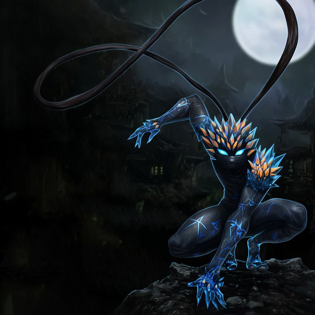 Digital illustration of a male humanoid ninja character in a dynamic crouching pose on a dark rocky outcrop,  featuring gl...