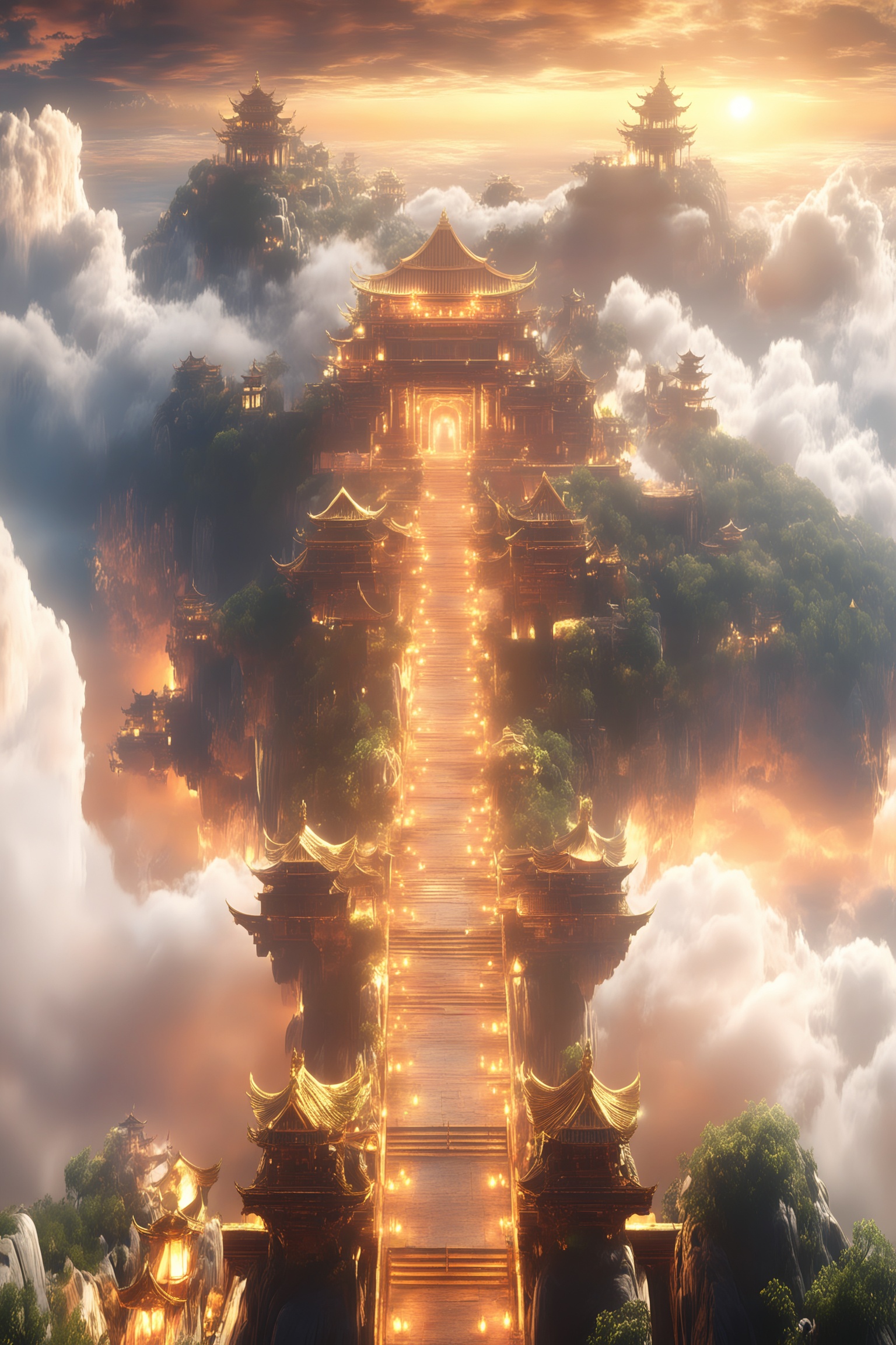 shenjie,The image depicts a majestic,ethereal structure that appears to be a series of interconnected pagodas and temples,seemingly floating amidst a sea of clouds. The architecture is intricate,with multiple tiers and ornate details,and is illuminated by warm,glowing lights that create a mystical ambiance. The central pathway,lined with steps and lanterns,leads up to the main temple,which is the largest and most prominent in the scene. Surrounding the pathway are lush green trees and vegetation,adding to the serene and otherworldly atmosphere. The overall composition is symmetrical,with the central temple serving as the focal point,drawing the viewer's eye upward and creating a sense of grandeur and awe.,