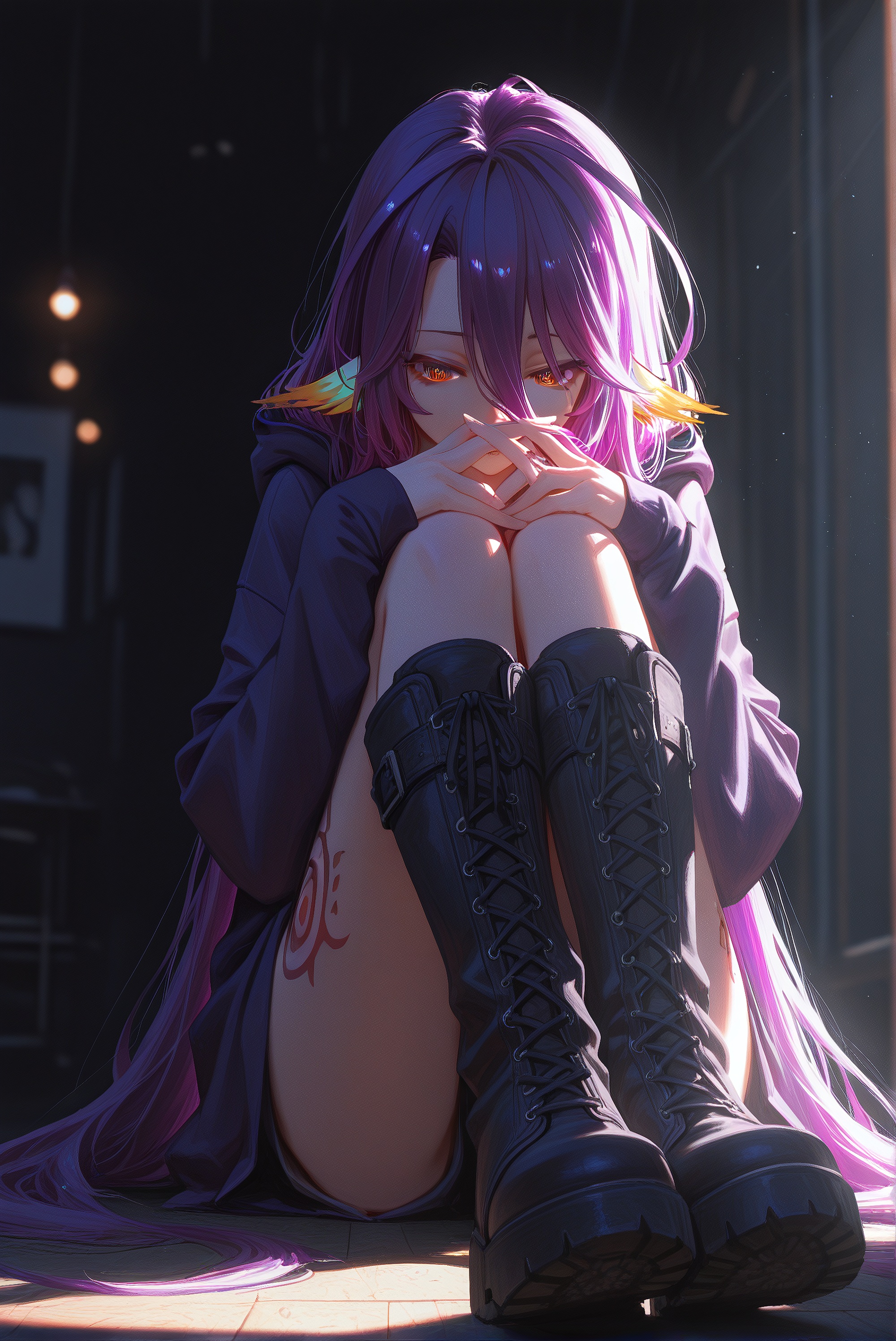 shuvi \(no game no life\),1girl,solo,purple_hair,yelloweyes,ong_hair,very_long_hair,hood,hair_between_eyes,sitting,Over-the-kneeboots,, masterpiece, absurdres, newest, RTNS, best quality, highres, high resolution, perfect lighting, extremely detailed cc, fine details, extremely detailed, soft lights and shadows, soft and striking lighting, skin pores, (detailed skin texture, (solo, detailed face, (perspective, hazy, low key, depth of field, Highly detailed, ultra high resolution, 32KUHD, sharp focus, emotional, masterful details, gentle atmosphere, high-end texture, dynamic angles, dynamic gestures, extreme beauty, (best quality, premium, latest, very beautiful, absurd, full of tension, impactful pictures, official art, bright colors, moving perspective,, chiaroscuro,Natural Light,Mood Lighting,cinematic lighting,volumetric lighting,ray tracing,dramatic shadows,dappled light,