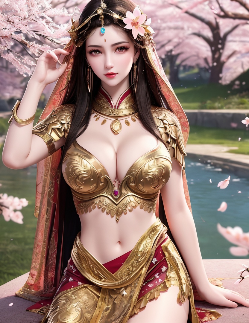 ultra realistic 8k cg, picture-perfect face, flawless, clean, masterpiece, professional artwork, famous artwork, cinematic lighting, cinematic bloom, perfect face, beautiful face, fantasy, dreamlike, unreal, science fiction,   lace, lace trim, lace-trimmed legwear, luxury, jewelry, diamond, gold, pearl, gem, sapphire, ruby, emerald, intricate detail, delicate pattern, charming, alluring, seductive, erotic, enchanting, hair ornament, necklace, earrings, bracelet, armlet,halo,autumn,((,1girl, pov,))  , ((((1girl, solo,outdoors, large breasts, cherry blossoms, ))))  <lora:DA_MuQingQing:0.6>