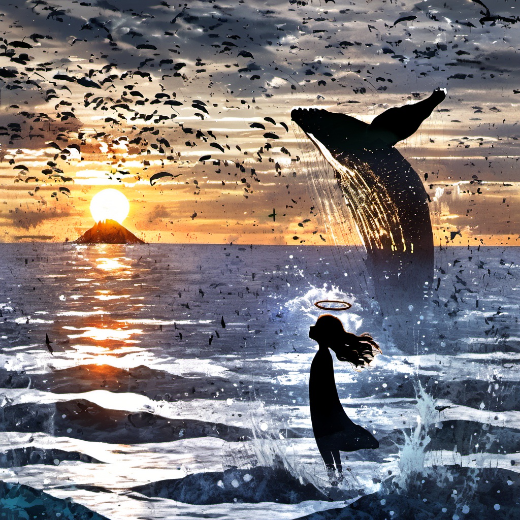 <lora:star_xl_v3:1>,whales leap out of the water,silhouette,bird,the setting sun,the silhouette of a girl,wearing a halo on the head,