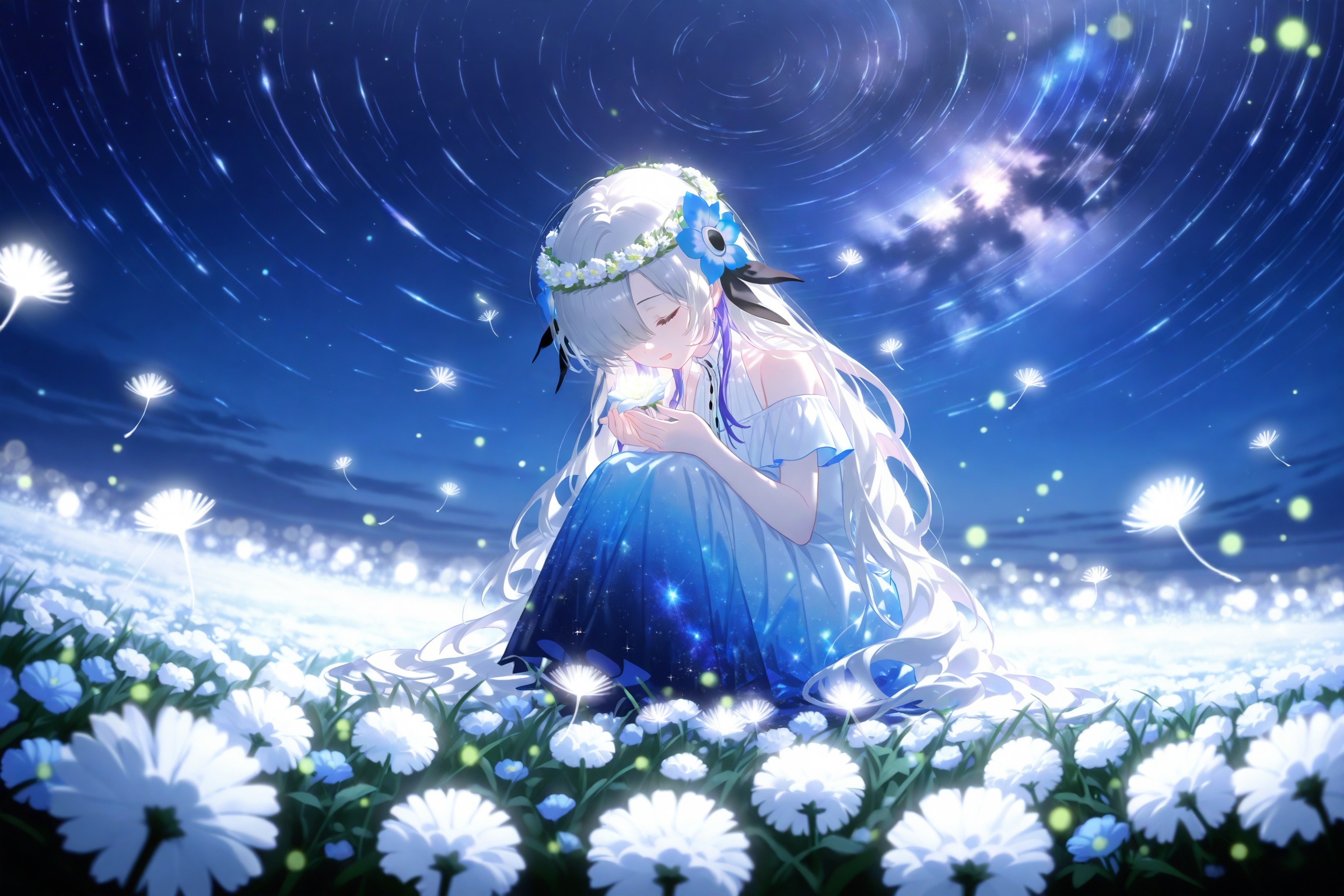 1girl,virtual youtuber,flower,solo,long hair,star (sky),closed eyes,isekai joucho,dress,field,head wreath,night,white flower,hair ornament,blue flower,multicolored hair,blue dress,sky,flower field,hair flower,starry sky,gradient dress,night sky,white hair,sitting,holding flower,knees up,flower wreath,holding,very long hair,bare shoulders,hair over one eye,grey hair,two-tone hair,blue hair,outdoors,on grass,on ground,bokeh,light particles,jewelry,off-shoulder dress,lens flare,ripples,off shoulder,glowing,knees to chest,daisy,two-tone dress,starry sky print,grass,smile,open mouth,earrings,full body,galaxy,squatting,sleeveless,blurry,depth of field,reflective water,blurry foreground,purple hair,long dress,closed mouth,alternate costume,white dress,dandelion,shooting star,purple dress,sleeveless dress,dutch angle,space,light,lily of the valley,own hands together,hands up,halter dress,wide shot,light smile,streaked hair,colored inner hair,reflection,hair between eyes,meadow,backlighting,blue theme,fireflies,hugging own legs,water,necklace,<lora:lp28New-000050:0.8>,