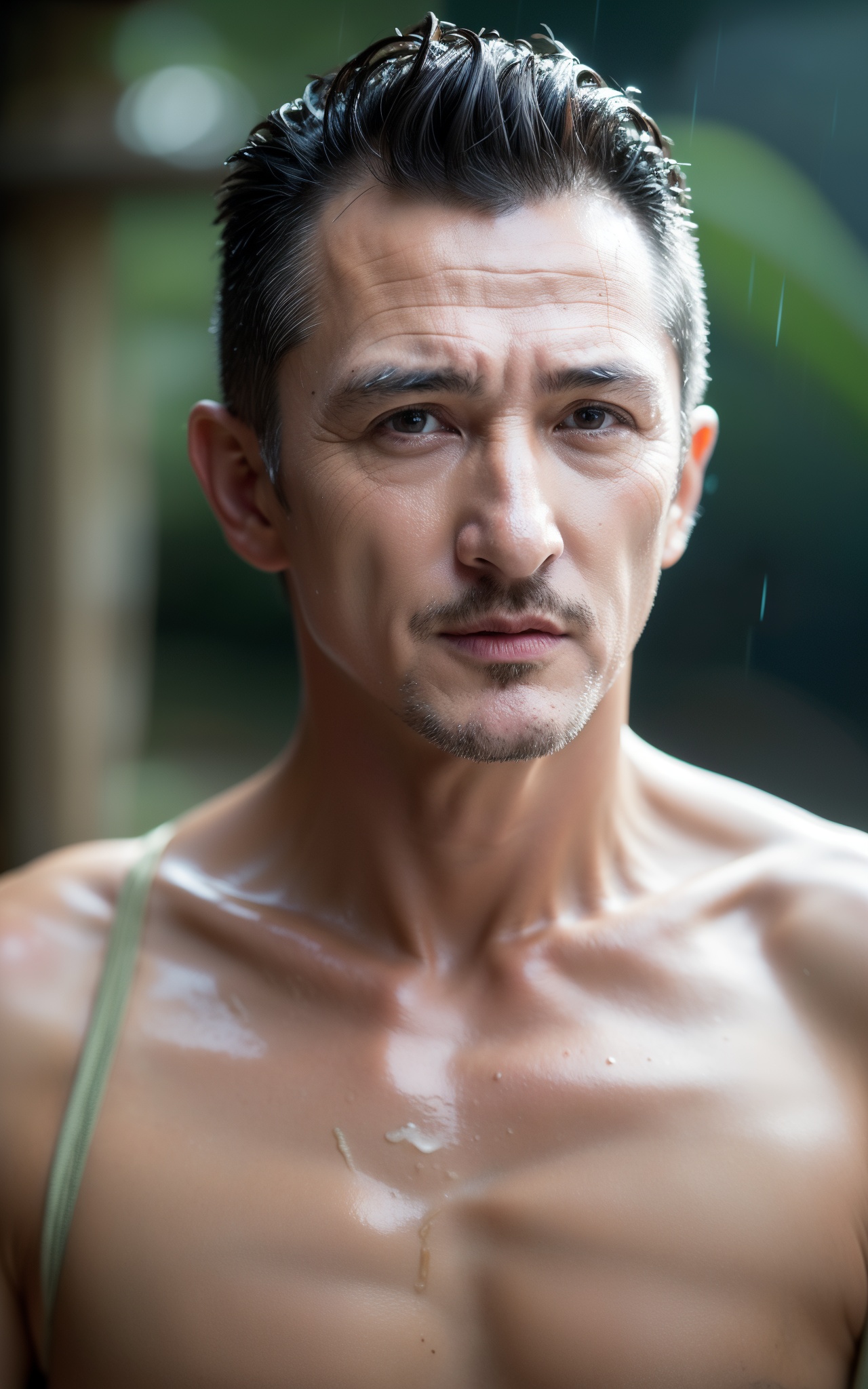 RAW photo,  a close up portrait photo of Decorative 45 y.o Sean Penn in Artisanal Rain pants,  Mohawk haircut on Tensor.Art