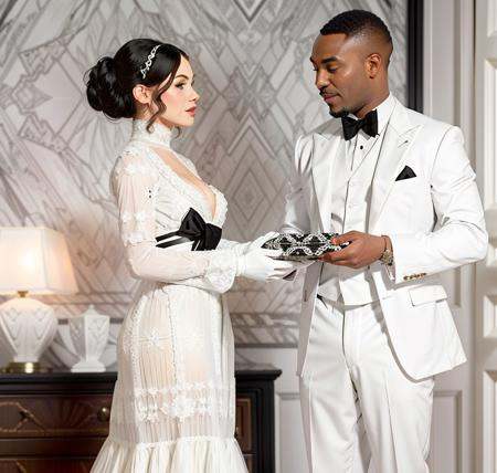 a sexy white woman in a dress tempting and seducing a black African milkman wearing a white suit,  1910_dr3ss on Tensor.Art