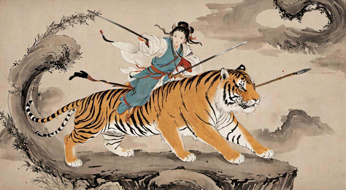 8k, masterpiece, best quality, 2D, 1warrior with a lot of weapon is riding a Tiger,traditional chinese ink painting,simple background,<lora:watercolor-ink-sketch-v1:0.4>