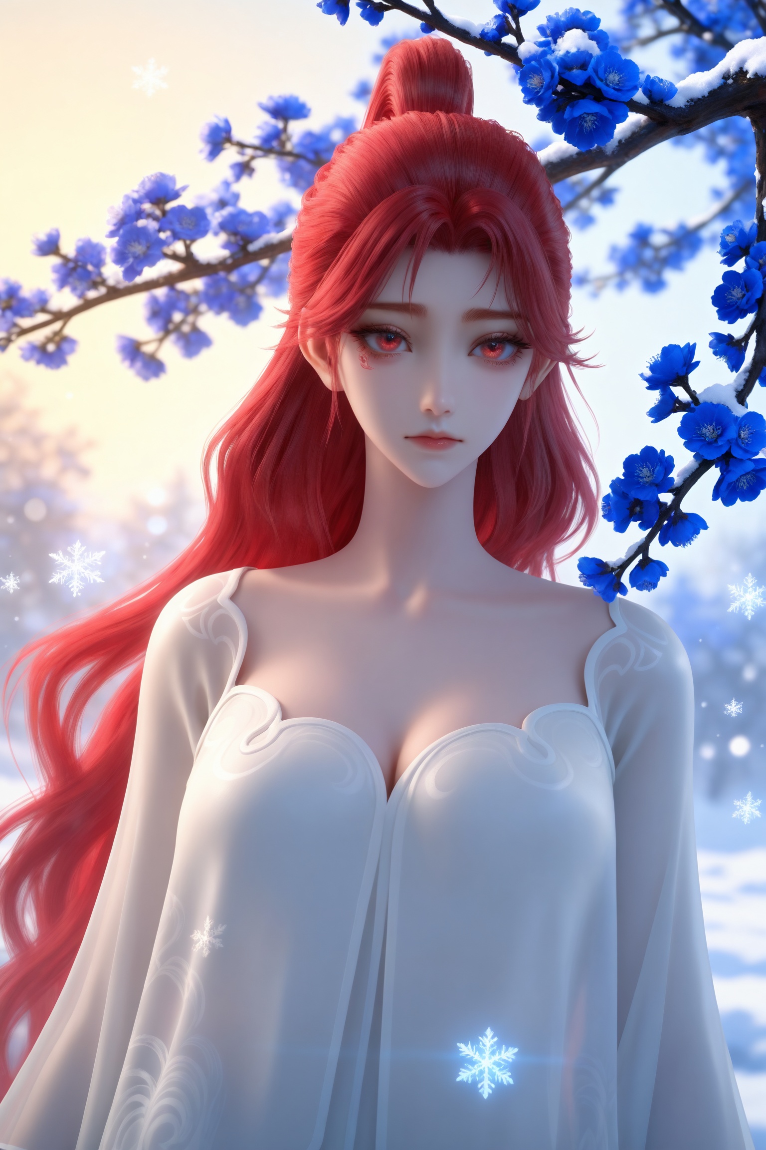 Nai3 style,realistic style photo,outstanding style,Use soft lighting to cast gentle shadows on the subject,adding a touch of dimension to your images without compromising details,whirls of vapor,(Anime:1.1),soft neon light,ethereal ambiance,delicate details,magical atmosphere,concept art,highly detailed,ultra-high resolution,32K UHD,sharp focus,best-quality,masterpiece,golden hour,unconventional supreme masterpiece,masterful details,temperate atmosphere,with a high-end texture,in the style of fashion photography,magazine style,Dynamic Angle,Dynamic posture,magazine style,Dynamic Angle,Dynamic posture,(cowboy_shot:1.2),eye trail,depth of field,cinematic lighting,lens flare,(artist:quasarcake:0.8),close-up,(artist:quasarcake:0.8),extreme aesthetic,(wlop:0.6),(honjou raita,lack,rella,wanke:0.5),masterpiece,best quality,good quality,newest,year 2025,very aesthetic,absurdres,Visual impact,A shot with tension,ultra-high resolution,32K UHD,sharp focus,best-quality,masterpiece,Emotionalization,unconventional supreme masterpiece,masterful details,temperate atmosphere,with a high-end texture,in the style of fashion photography,(Visual impact:1.2),giving the poster a dynamic and visually striking appearance,<lora:百炼成神3-火允儿-浴袍IL:0.8>,1girl,red hair,long hair,ponytail,red eyes,white dress,see-through,cleavage,long sleeves,bare legs,barefoot,, solo,  upper body, blue flower, looking at viewer, snowflakes, closed mouth, branch,