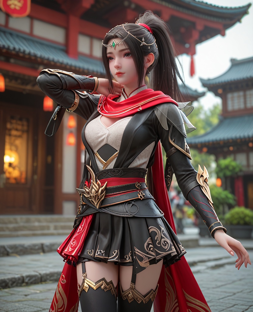 (oriental architecture, elegant decor, sophisticated style:1.1),(Standing with arms folded behind the head:1.1),(breasts:1.2),<lora:XL百炼成神朱千凝:0.8>,miss zhuqianning,black hair,scarf,ponytail,long hair,armor,breasts,hair ornament,brown hair,skirt,black thighhighs,circlet,, zPDXL2, score_9, score_8_up, score_7_up BREAK realistic, masterpiece,best quality, highly detailed,, zPDXL3, zPDXL2,zPDXL, zPDXLxxx, zPDXLrl,
