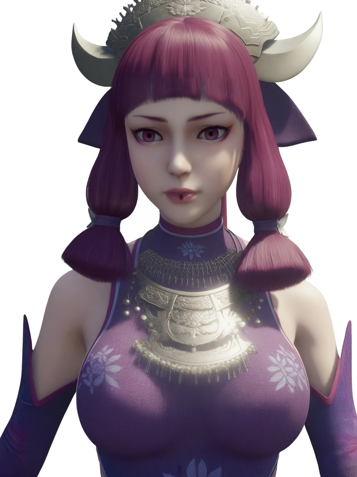 score_9,<lora:SF_ChiMeng2_Pony_Realism-000004:0.7>,1girl,solo,purple clothes,detached sleeves,bangs,pink hair,purple eyes,belt,large breasts,hair ornament,standing,makeup,upper body, fair_skin,white_skin,Ivory_skin,looking at viewer,white background,simple background,