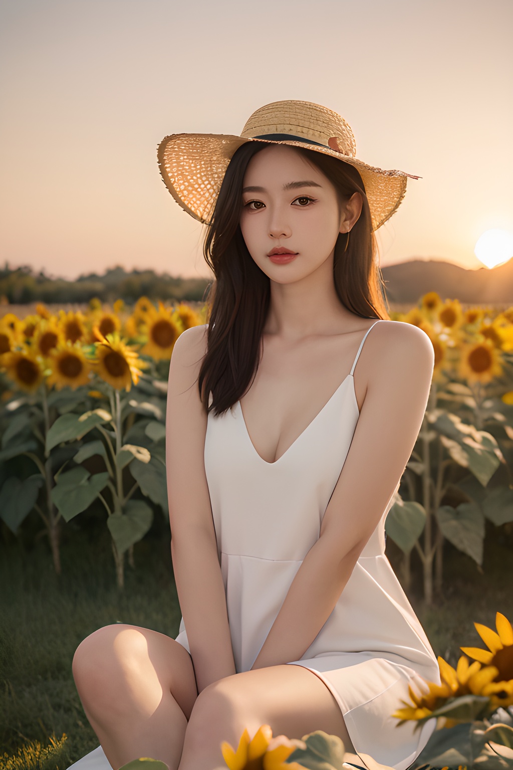 <lora:0812_02:0.7>,a girl with a sun hat,sitting in a field of sunflowers,bathed in the golden glow of sunset,warm hues,peaceful ambiance,natural beauty.korean girl,black hair,, 1girl,realistic,masterpiece, best quality, photorealistic, HDR,detail
