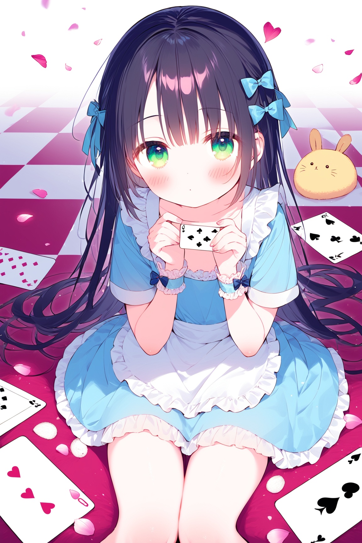 masterpiece, best quality, 1girl, long hair, green eyes, checkered floor, stuffed toy, stuffed animal, solo, dress, black hair, bow, hair bow, playing card, card, stuffed bunny, petals, looking at viewer, blush, wrist cuffs, blue dress, apron, short sleeves, heart, frills, sitting, bangs