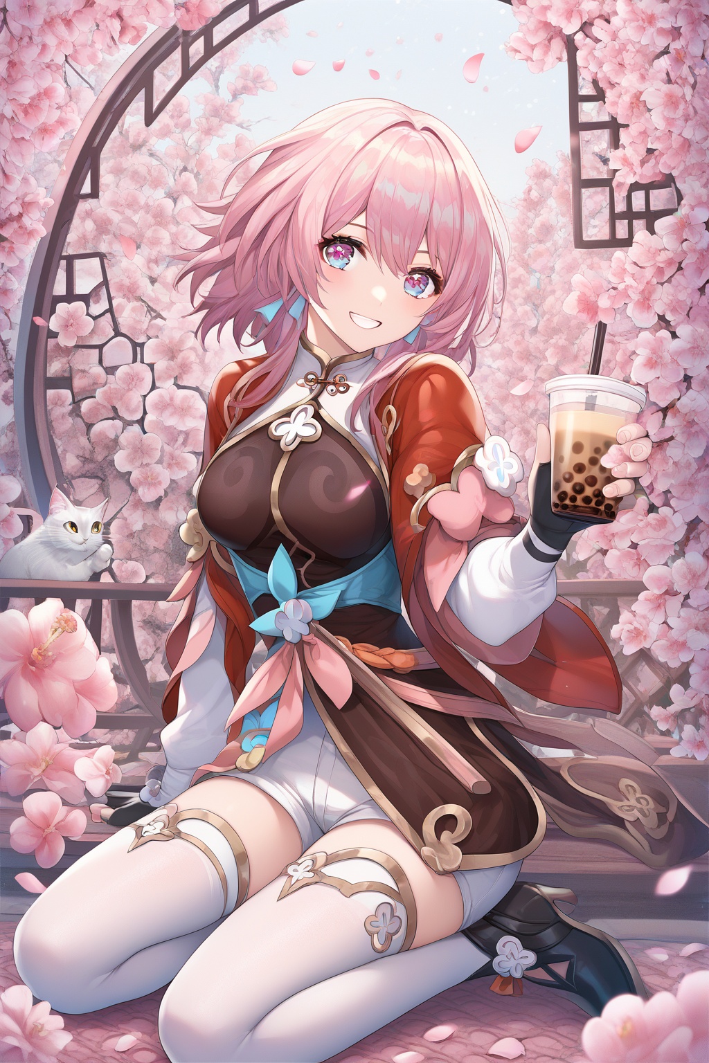 score_9,score_8_up,score_7_up,score_6_up,source_anime,source_cartoon,<lora:march 7thTponyXL-000008:1>,march 7th\(The Hunt \) \(honkai: star rail\), march 7th \(honkai: star rail\), 1girl, smile, bubble tea, drinking straw, solo, pink hair, cat, v, sitting, fingerless gloves, looking at viewer, white thighhighs, grin, multicolored eyes, bangs, holding, black footwear, china dress, puffy long sleeves, white shorts, cup, full body, high heel boots, petals, :d, disposable cup, holding cup, pink eyes, form side, china dress, red jacket, chinese clothes, red cape