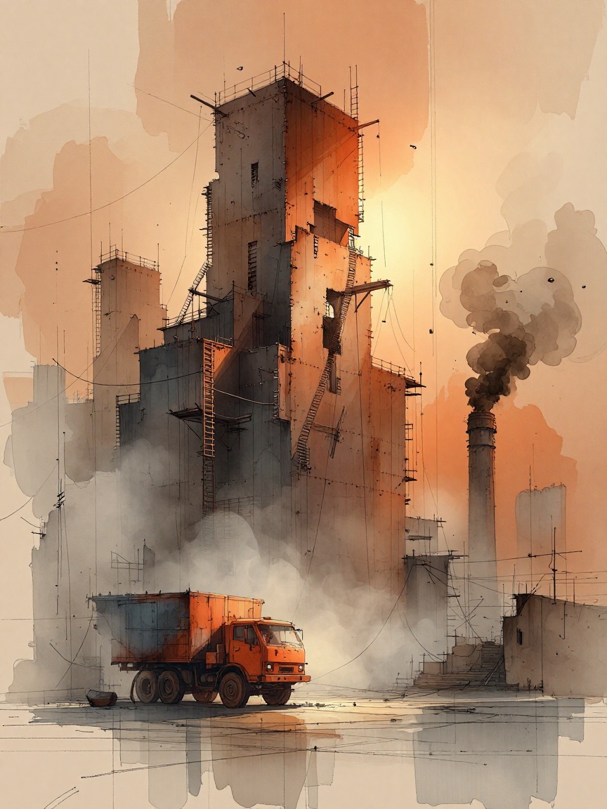 Tuarichit art style. In this haunting watercolor cinematic frame,  an industrial titan—its skeletal steel spine cracked wi...