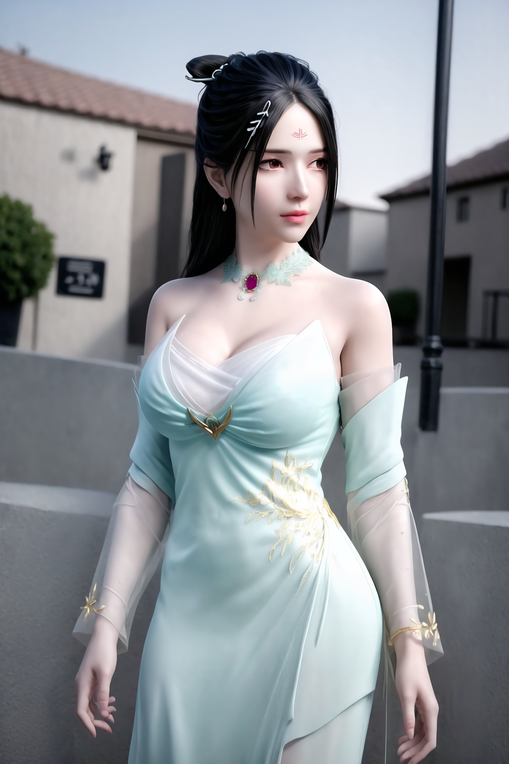 (8k, RAW photo, best quality, masterpiece:1.2),(realistic, photorealistic:1.3), ultra-detailed, extremely detailed cg 8k wallpaper,(crystalstexture skin:1.2), extremely delicate and beautiful,1girl, earrings, jewelry, solo, black_hair,outdoors, (full shot), (breasts, medium_breasts:0.2, cleavage), looking_at_viewer, standing, 