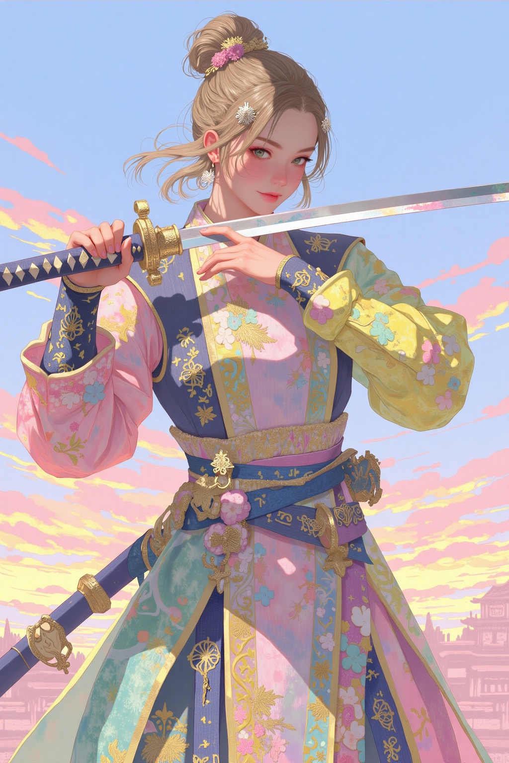 beijihui,Captured at eye-level,a digital painting of a woman in a kimono,adorned with gold embroidery,is holding a sword in her right hand. Her left hand is positioned on the handle of the sword,while her right arm is positioned in the opposite direction. Her right hand is draped across her left arm,adding a touch of contrast to her outfit. Her hair is styled in a bun,with a few small flowers in the middle of her hair. The backdrop is a vibrant blue,with pink and orange hues,creating a stunning backdrop. The woman's outfit is adorned with a variety of colors,including pink,yellow,green,and blue.,