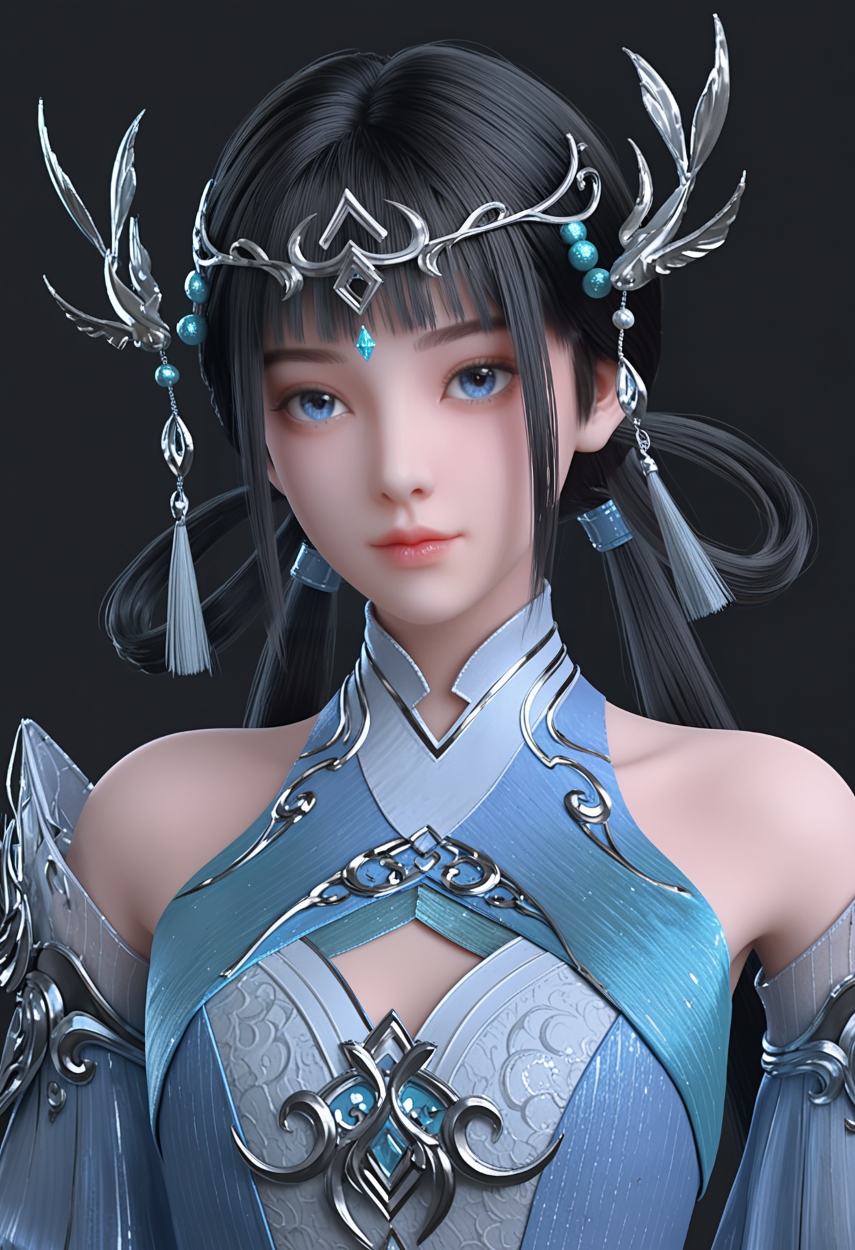 (looking_at_viewer:1.2),(upper_body:1.2),<lora:YQ_pony_jianyan_V4:0.8>,1girl,q1528437228,solo,black hair,long hair,hair ornament,chinese clothes,hair rings,blue eyes,twintails,jewelry,tiara,earrings,boots,circlet,low twintails,ponytail,blunt bangs,(simple background,pure black background,black background:1.1),perfect_anatomy,