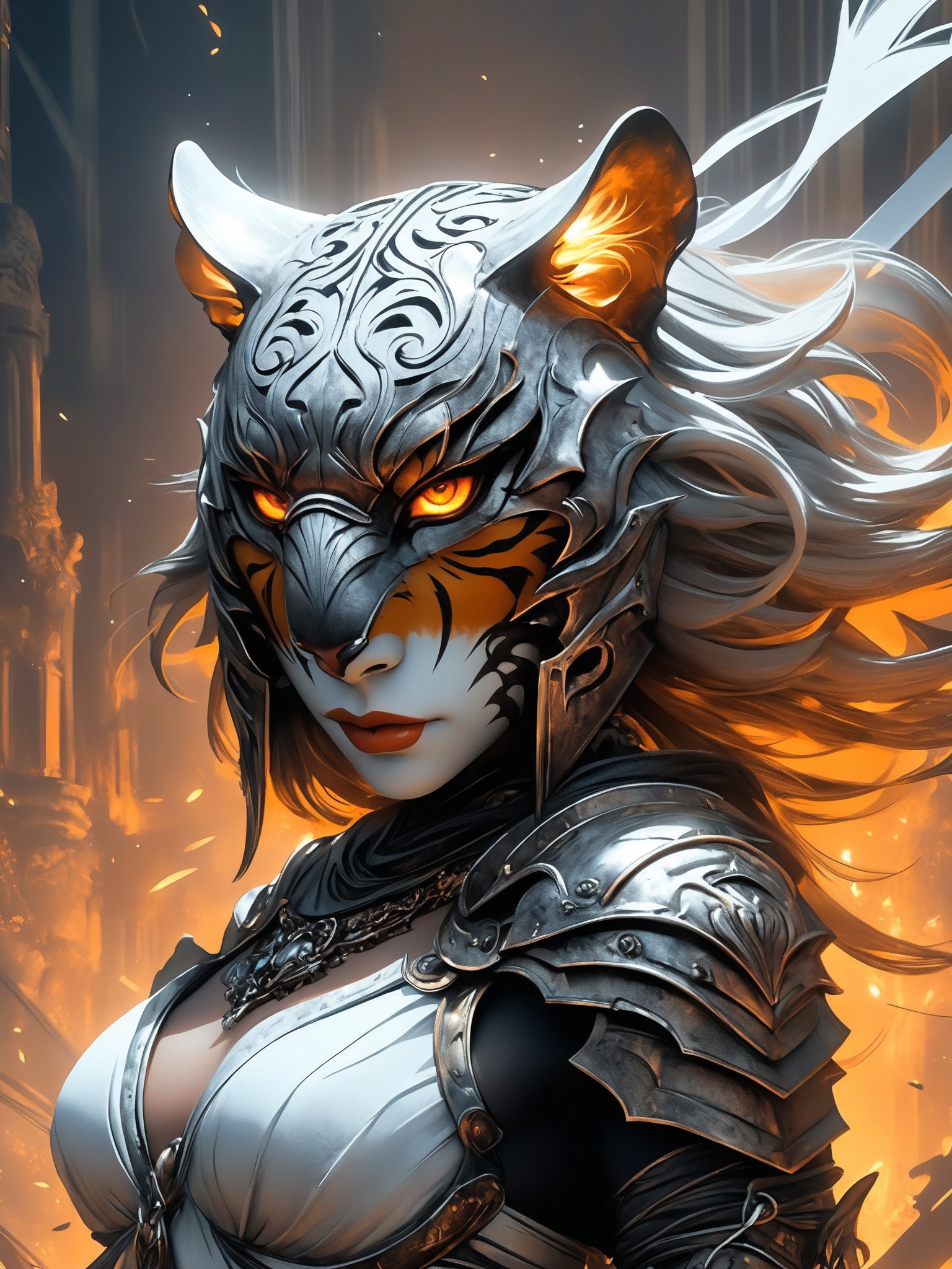 Comic's Luis Royo style,  human wearing a mask made of steel,  face figure a tiger on Tensor.Art