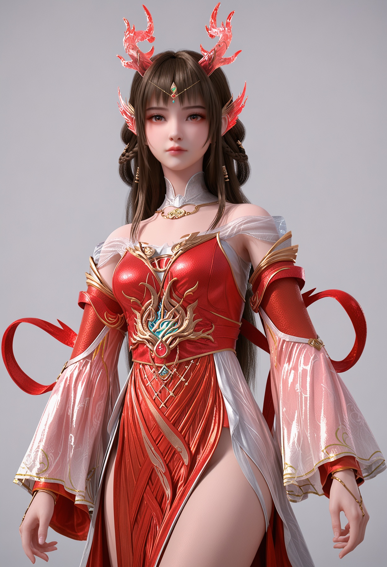 score_9,high detail,best quality,shiny skin,shiny,yunluolygz,1girl,solo,brown eyes,brown hair,long hair,white background,hair ornament,red dress,dress,closed mouth,dragon horns,bare shoulders,jewelry,detached sleeves,simple background,detached collar,braid,realistic,long sleeves,hair rings,looking at viewer,thighs,<lora:QQSponyyunluolygzV1:0.8>,<lora:Pony_DetailV2.0:0.8>,<lora:皮肤凹痕:0.1>,