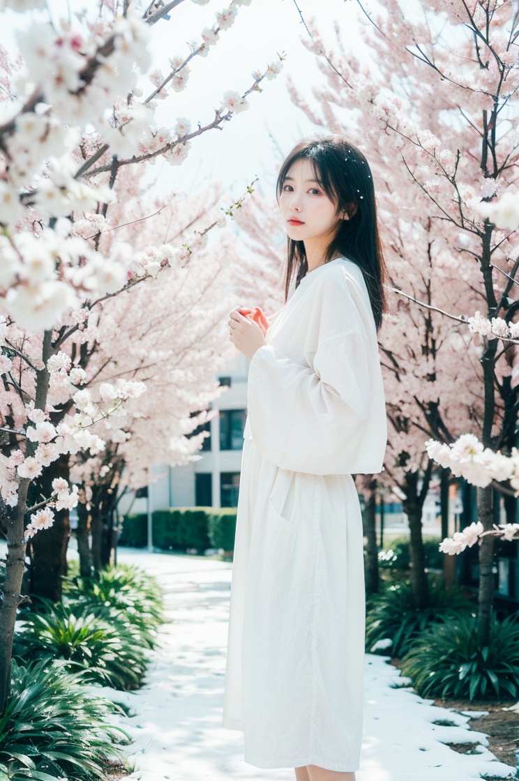 best quality,masterpiece,ultra high res,snowing,with plum blossoms next to her <lora:13guojiang_lora:1>
