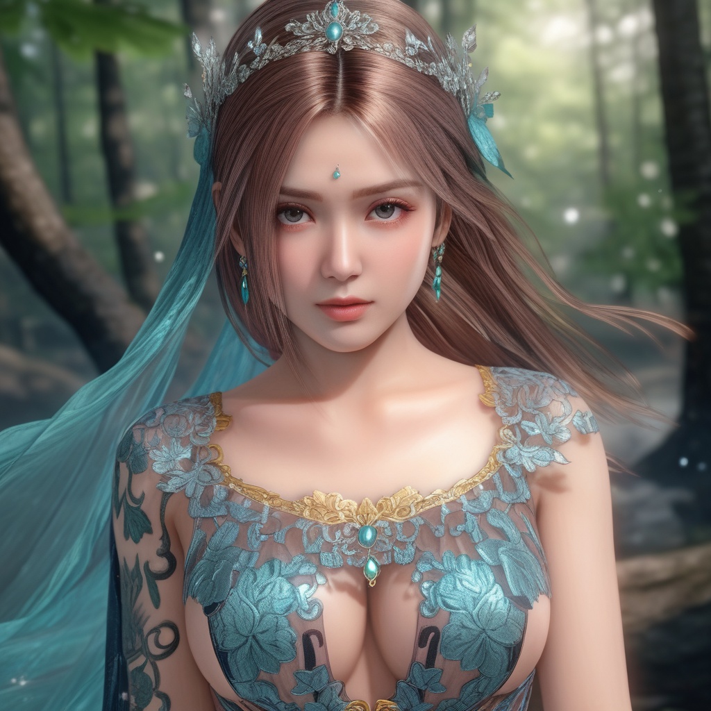 <lora:847-DA-XL-死或生-Elise-BirthdaySuit-20220903:0.8>, (,1girl, ,best quality, ),,  ,ultra realistic 8k cg,(masterpiece:1.2),(best quality:1.2),(ultra detailed:1.2),(official art:1.3),(beauty and aesthetics:0.8),detailed,(intricate:0.8),(highly detailed),(solo),delicate countenance,1girl,fancy,(glassy texture:1.2),(crush:1.2),8k,accessory,tattoo,(transparent:1.1),gown,energy encirclement,instant,in the twinkling of an eye,upper body,woman in a mythical forest, masterpiece, perfect face, intricate details, horror theme, raw photo, photo unp(cleavage),, ,