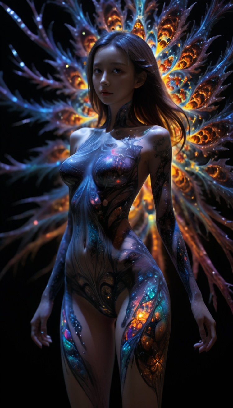 (1girl:1.3),Masterpiece,high quality,1girl,extreme detailed,(fractal art:1.3),colorful,highest detailed,(chiffon, body painting:1.2),8k,digital art,macro photo,quantum dots,sharp focus,dark shot,cinematic,Microworld,thigh,(upper thighs shot:1.2),front view,