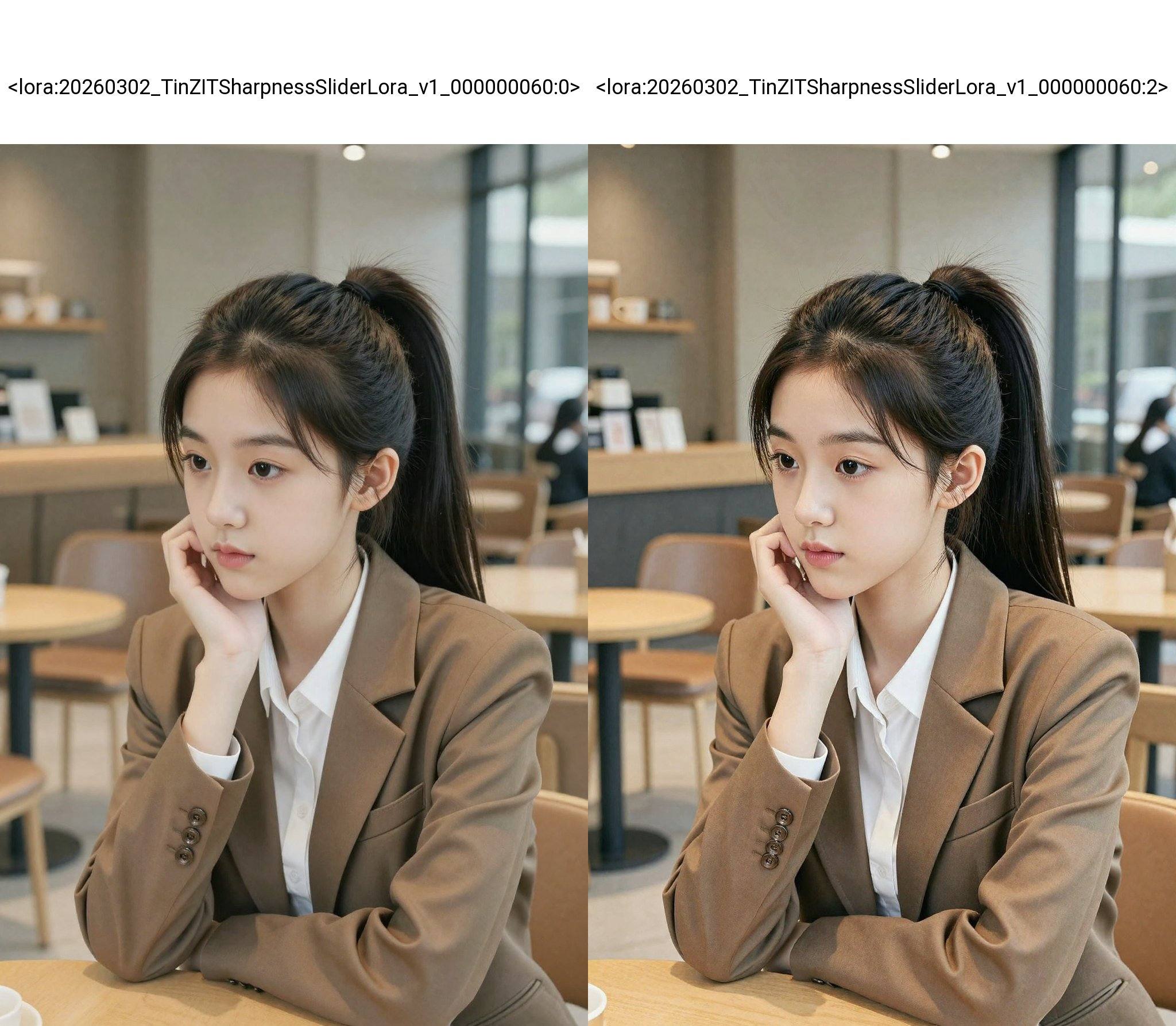 <lora:20260302_TinZITSharpnessSliderLora_v1_000000060:0>, A photograph of a young Asian woman with fair skin, long black hair tied back in a high ponytail, and delicate facial features. She wears a brown blazer over a white shirt, sitting in a modern, softly lit café. Her expression is contemplative, resting her chin on her hand. The background shows blurred, warm-toned café seating and a glass window, creating a serene, intimate atmosphere.