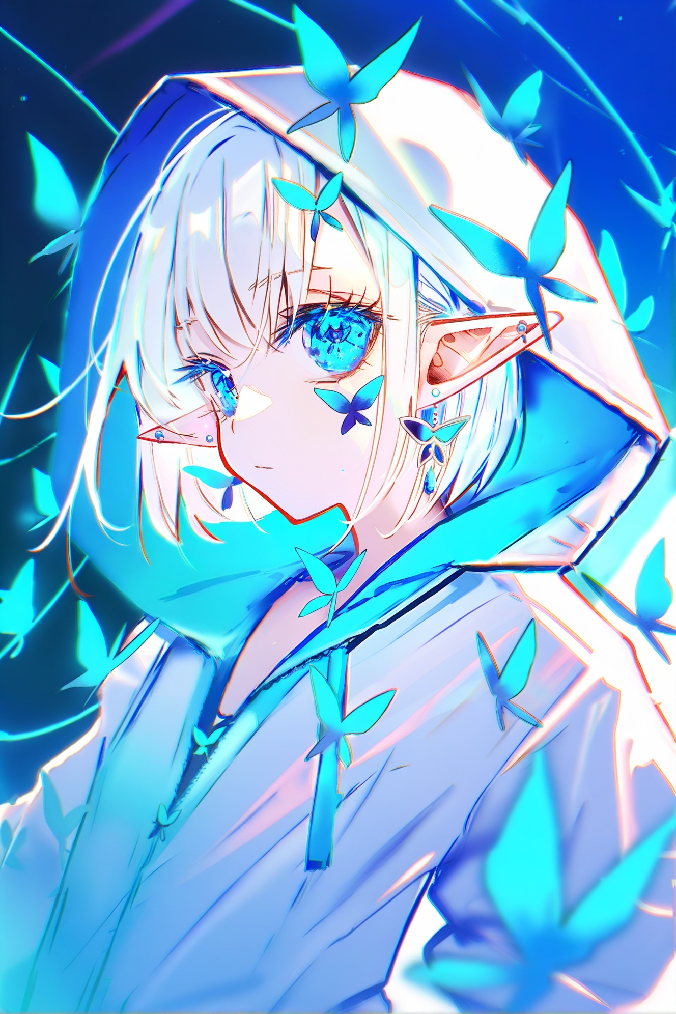 1girl,butterfly,bug,blue eyes,pointy ears,hood,solo,white hair,earrings,jewelry,looking at viewer,long sleeves,upper body,hood up,blue butterfly,