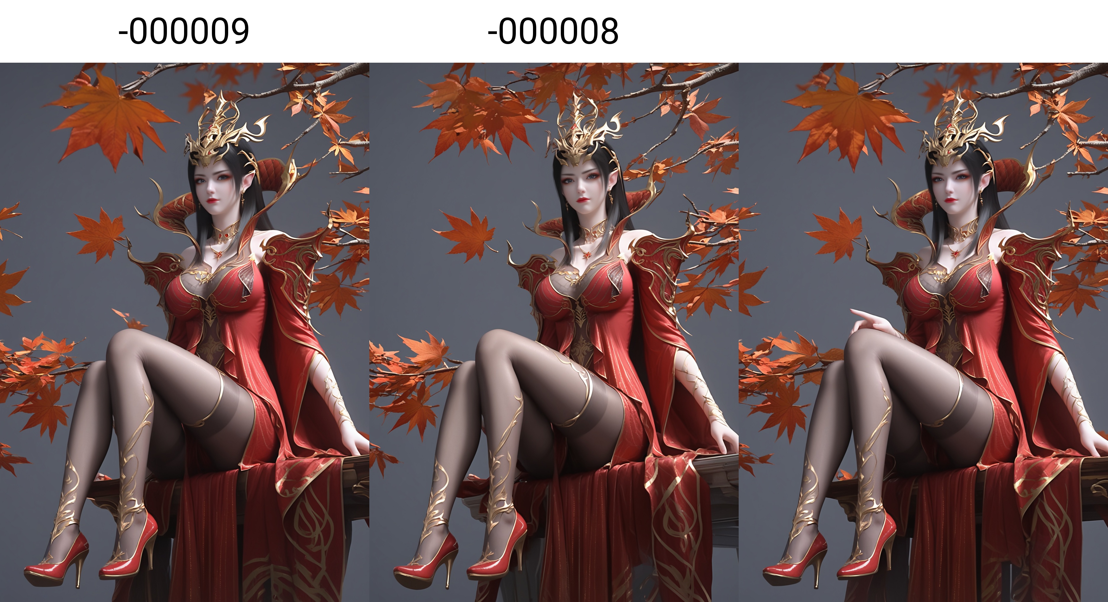 (score_9),<lora:斗尊美杜莎-apony-000009:0.8>,meidusha,1girl,solo,hair ornament,tiara,long hair,black hair,pointy ears,earrings,(gray-blue eye),cocked eyebrow,collar,popped collar,jewelry,shoulder armor,metal collar,necklace,red dress,detached sleeves,long sleeves,see-through sleeves,(glamor),curvy,mature_female,collarbone,pointy breasts,puffy breasts,(large teardrop breasts),large breasts,(see-through cleavage),see-through legwear,black pantyhose,pelvic curtain,long dress,BREAKlooking at viewer,front view,sitting,red footwear, full body,crossed_legs,from below,BREAK<lora:Expressive_H-000001:0.8>,light blush,Expressiveh,body blush,<lora:e肤色滑块:0.25>,(pale_skin),(Ivory_skin),(light_skin),ultra-detailed skin texture,detailed textures,BREAK<lora:e色温:0.35>,simple background,grey background,twig,autumn leaves,branch,falling leaves,Tyndall effect,available light,depth of field,lens_flare,