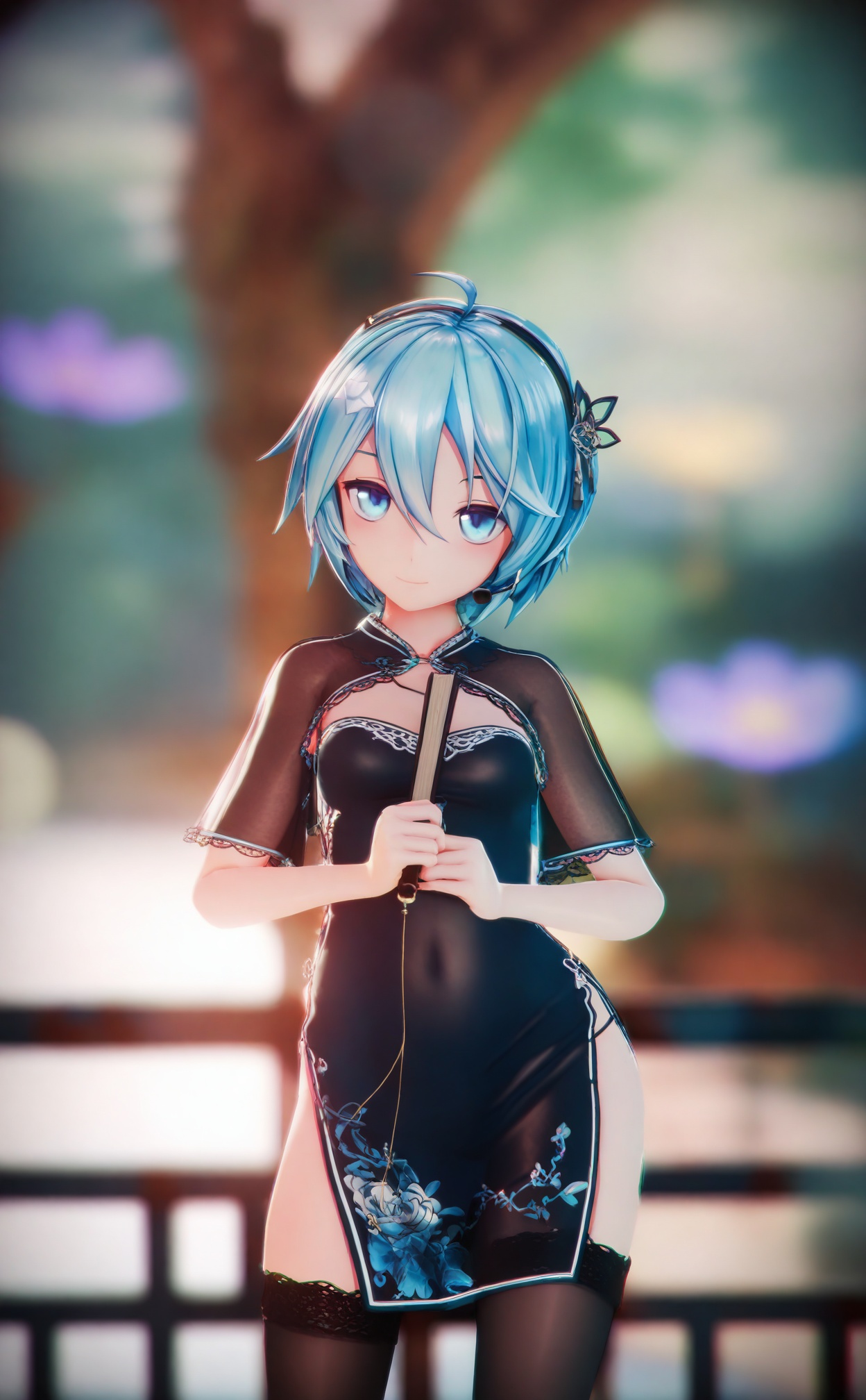 masterpiece,absurdres,best quality,loli,petite,high quality,chromatic_aberration,//,1girl, solo, chinese_clothes, dress, thighhighs, blue_hair, hand_fan, short_hair, china_dress, blue_eyes, folding_fan, looking_at_viewer, floral_print, holding_fan, holding, black_thighhighs, folded_fan, blurry, strapless, blurry_background, leaning_on_object, breasts, hair_between_eyes, black_dress, short_dress, strapless_dress, smile, hairband, shrug_\(clothing\), ahoge, headset, railing, depth_of_field, blue_dress, flower, headphones, standing, lace_trim, cowboy_shot, side_slit, covered_navel, see-through, closed_mouth//,Depth of field,(colorful),hdr,Tyndall effect,depth of field,Tyndall Effect,blurry,blurry_background,depth_of_field,bokeh,glowing,//,<lora:MMDguangwuran2——【noob】hans:1.15>,