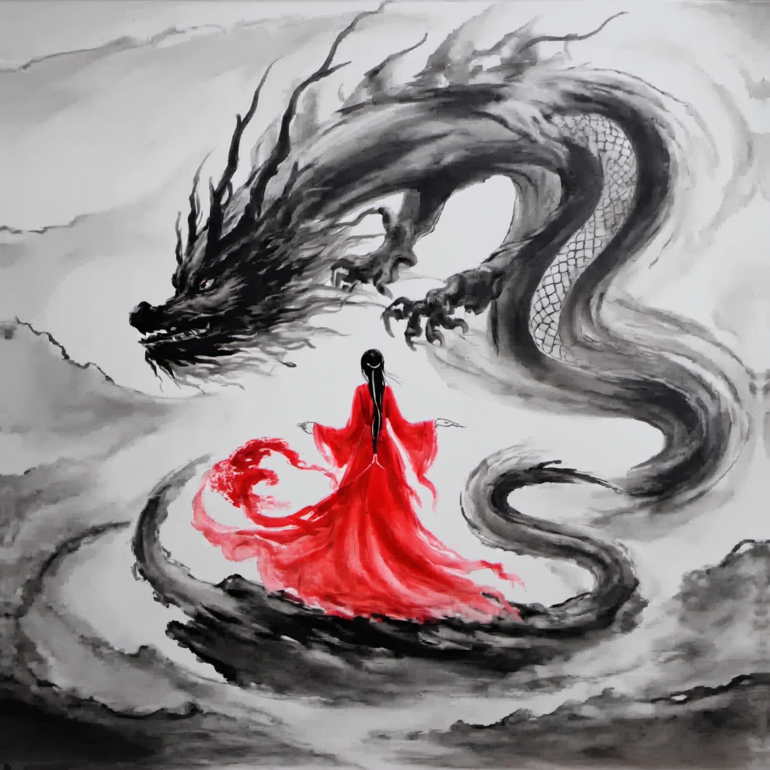 1girl,red dress,dragon,ink painting,<lora:ink_xiakexing_xl:0.8>,