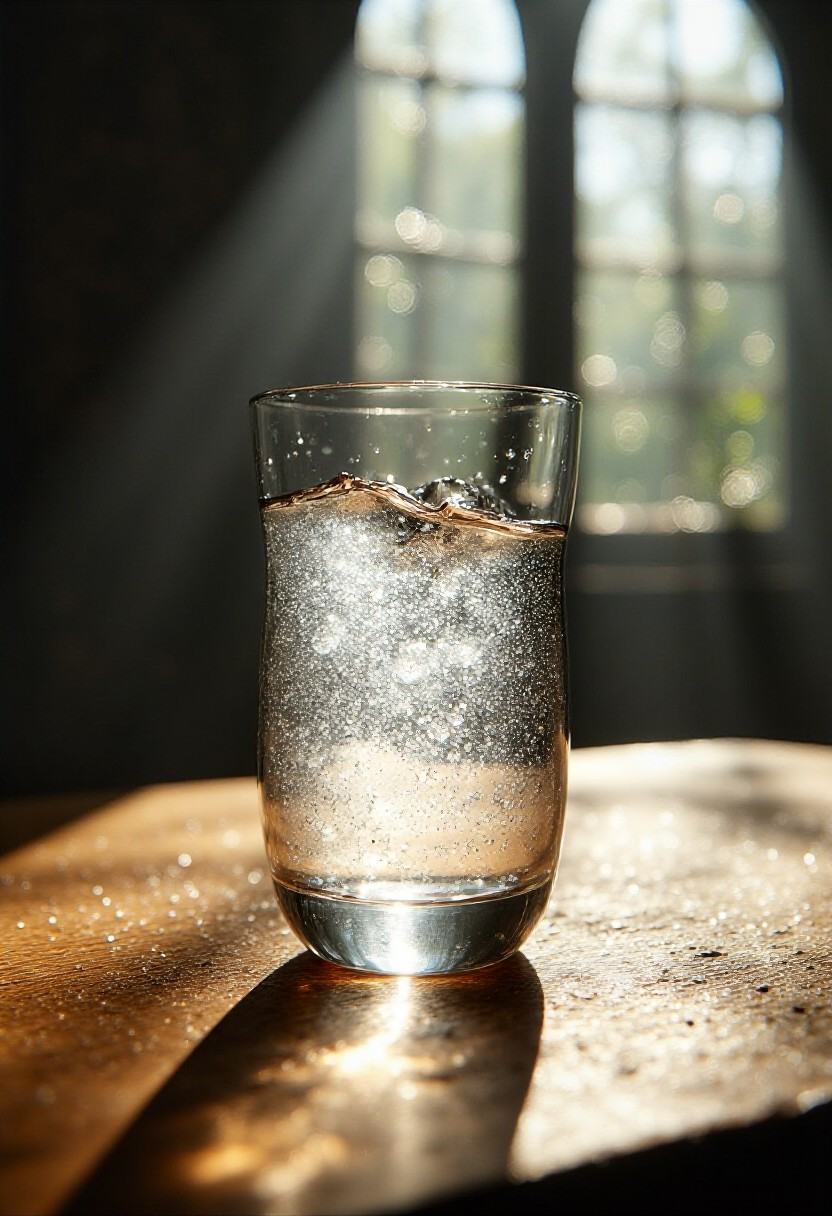 A flawless cylindrical glass of chilled water,  (condensation forming intricate fractal-like droplet patterns along its sm...