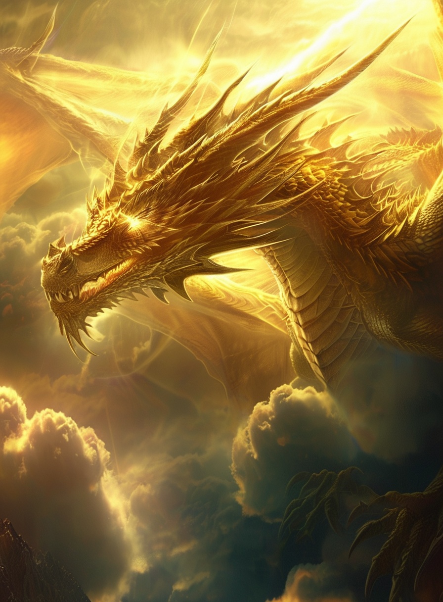 a majestic dragon soaring through the clouds. The dragon is depicted in a golden hue, with intricate scales and sharp, glowing eyes. Its wings are spread wide, and it appears to be in a state of flight, with the clouds below it. The backdrop is a dramatic sky with a mix of golden and dark clouds, creating a sense of depth and vastness. The overall ambiance of the image is ethereal and fantastical <lora:KING Gardon-000006:1>