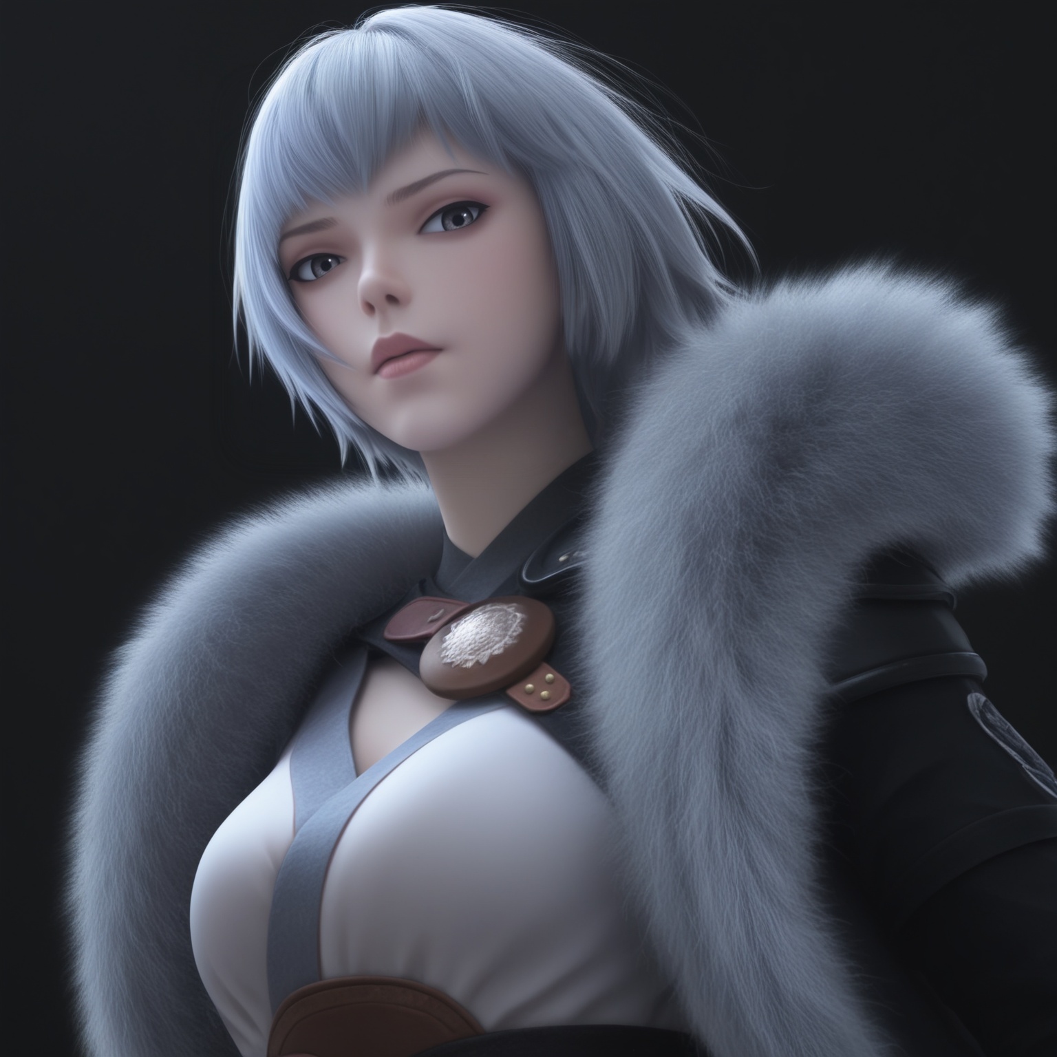 (score_9),masterpiece,best quality,absurdres,highres,(white_skin),(Ivory_skin),light_skin,BREAK<lora:白月魁-ill-000008:0.83>,name\(byk\),1girl,solo,short hair,grey hair,grey eyes,fur trim,single pauldron,cape,BREAKlooking at viewer,front view,fighting stance,upper body,face focus,BREAKsimple background,black background,