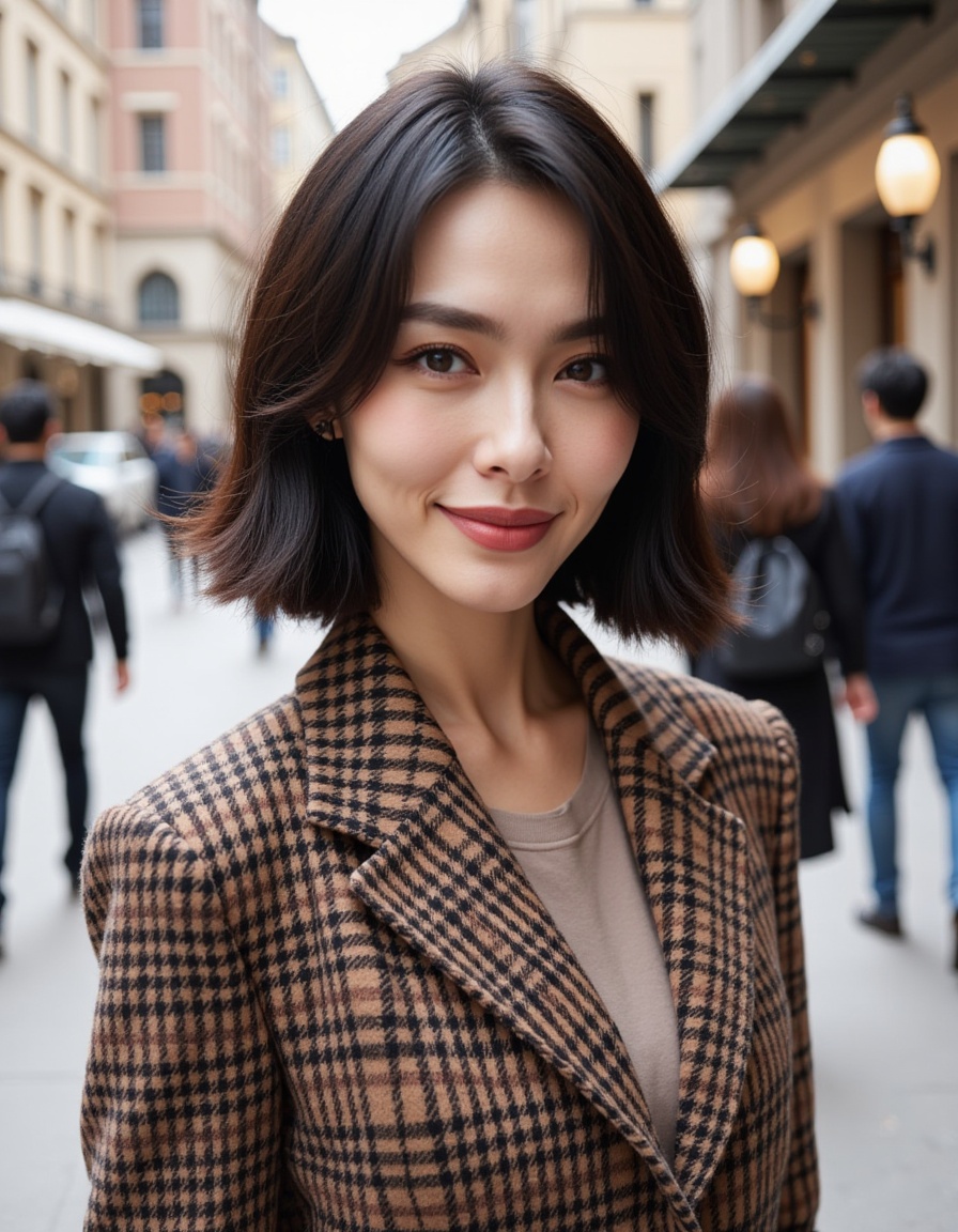 In Burberry tartan wool blazer， a real picture of a south korea woman,