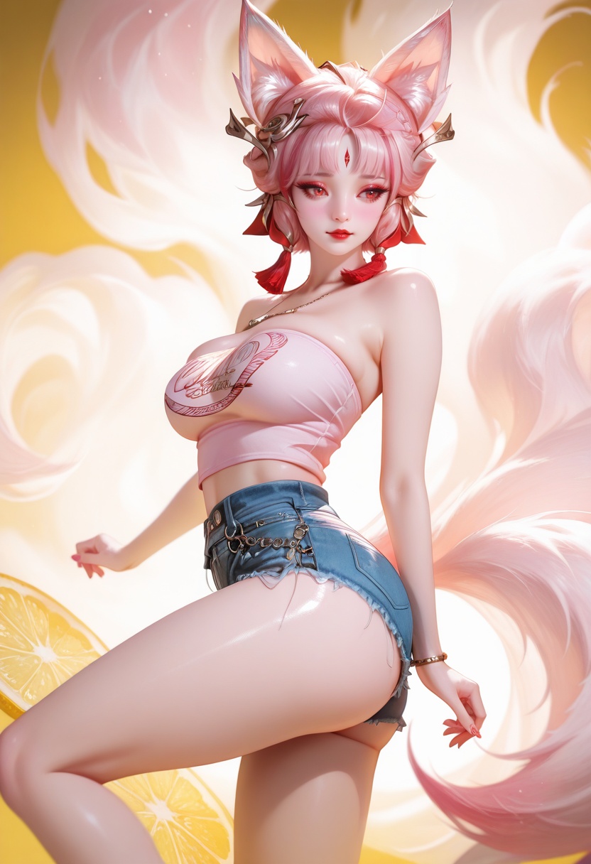 masterpiece,best_quality,amazing quality,very aesthetic,volumetric lighting,absurdres,photorealistic,vibrant,depth of field,cute painting style,shiny_skin,knee_blush,newest,perfect body,detailled body,breastsapart,wide hips,large ass,curvy body,voluptuous body,hourglass_body,narrow waist,slim waist,thin legs,long_legs,bubble butt,slender body,red lips,1girl,solo,young woman,pale skin,fair skin,velvet skin,bright red lips,skindentation,Front Kick,neon_yellow background wall,lemon_zest background,simple_background,front view,large breasts,open mouth,<lora:指针微调:1>,<lora:995sk outfit IL V6:1>,outfit 1,tube top,denim shorts,hip chain,BREAK<lora:jiuwei-000009:1:lbw=FAXING>,hair ornament,pink hair,makeup,Short hair,fox ears,forehead mark,eyeshadow,closed mouth,red eyes,eyelashes,Eyebrow embellishment,Double braid,multiple tails,