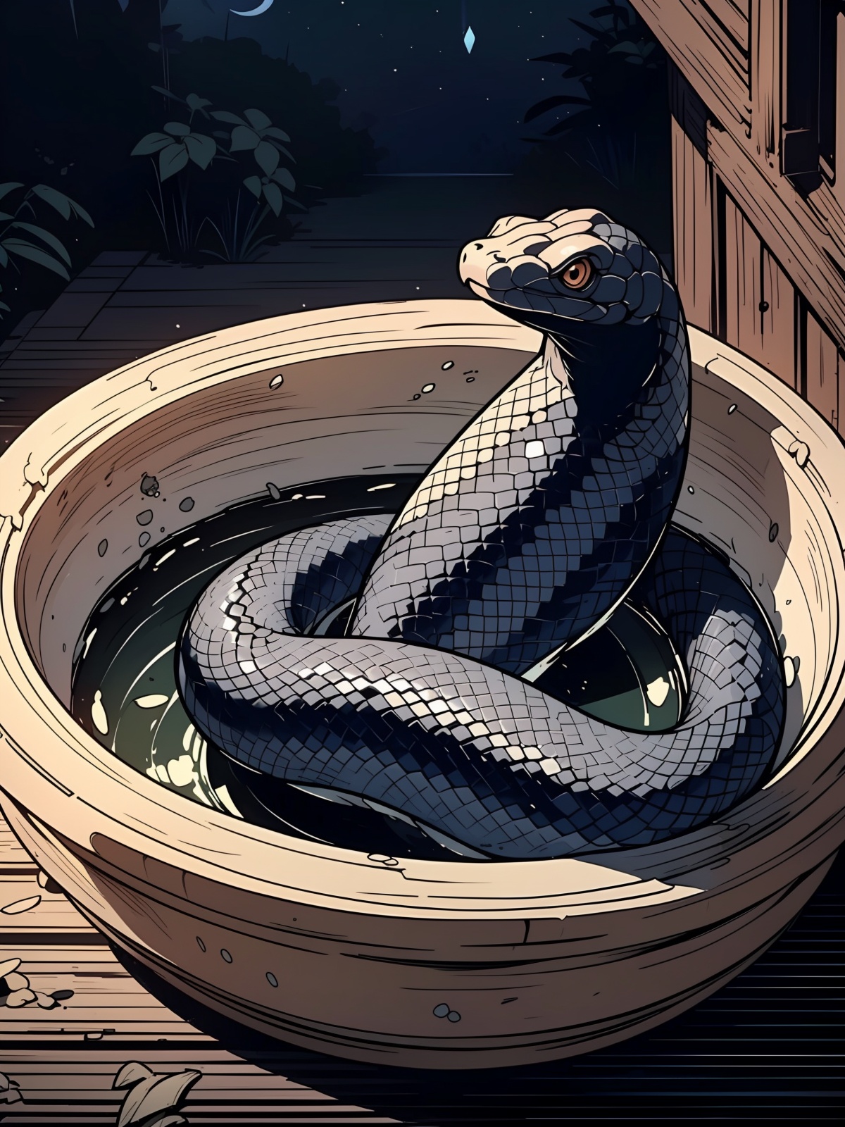 Chinese style,ancient china,(a dim background:1.4),(night:1.5),(snake:1.1),(black snake:1.2),curled up in a wooden basin,wooden basin,indoor,<lora:MMkongbuMM_20230719103004:0.8>,, (masterpiece:1.2),best quality,masterpiece,highres,original,extremely detailed, wallpaper,(extremely detailed CG:1.2),(detailed face:1.2),anime,comic,anime coloring