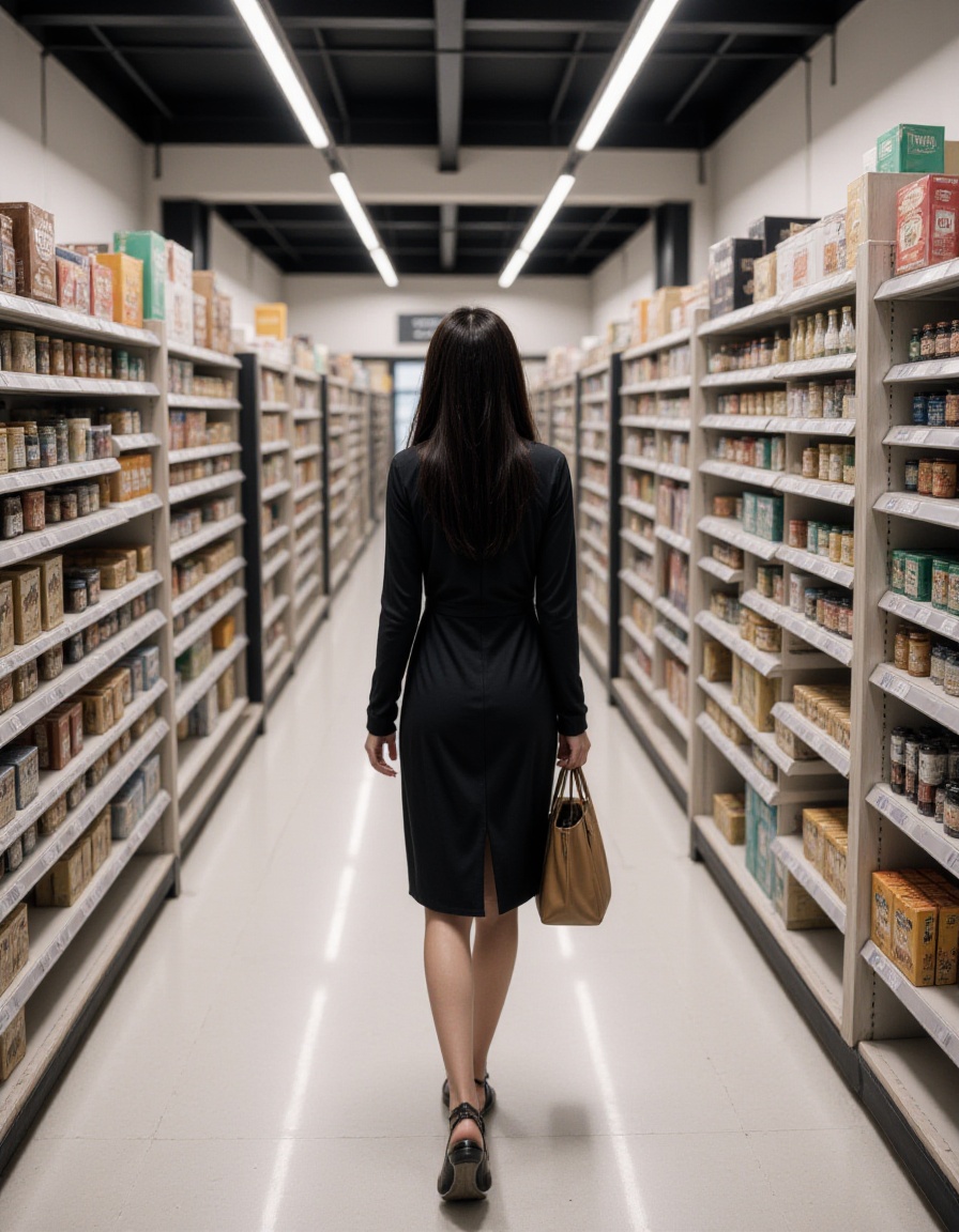 1girl, long hair, looking at viewer, realistic, black hair, walking, photorealistic, dress, full body, supermarket,