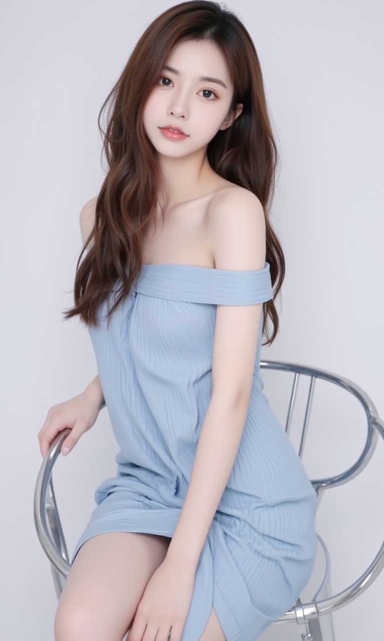 This is a high-resolution portrait of a person with a modern style. In the picture, there is a woman sitting on a silver chair. She is wearing a light blue off-the-shoulder dress with pleated design, which gives it a sense of depth and texture. Her hair falls loosely over her shoulders and back, with a deep brown color that looks smooth and shiny. She is looking at the camera with a calm and natural expression. Her age is indeterminable, but judging by her appearance, she may be a young woman. She has a slim figure and fair skin. Her attire is simple and generous, giving an overall impression of elegance.