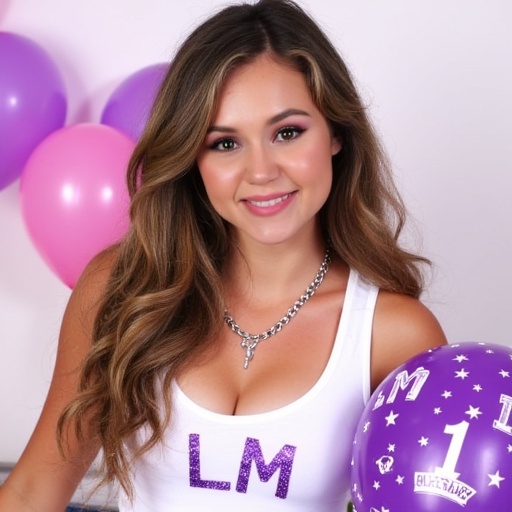 Photograph of a young woman with long,  wavy brown hair and fair skin,  smiling at the camera. She is wearing a white on T...