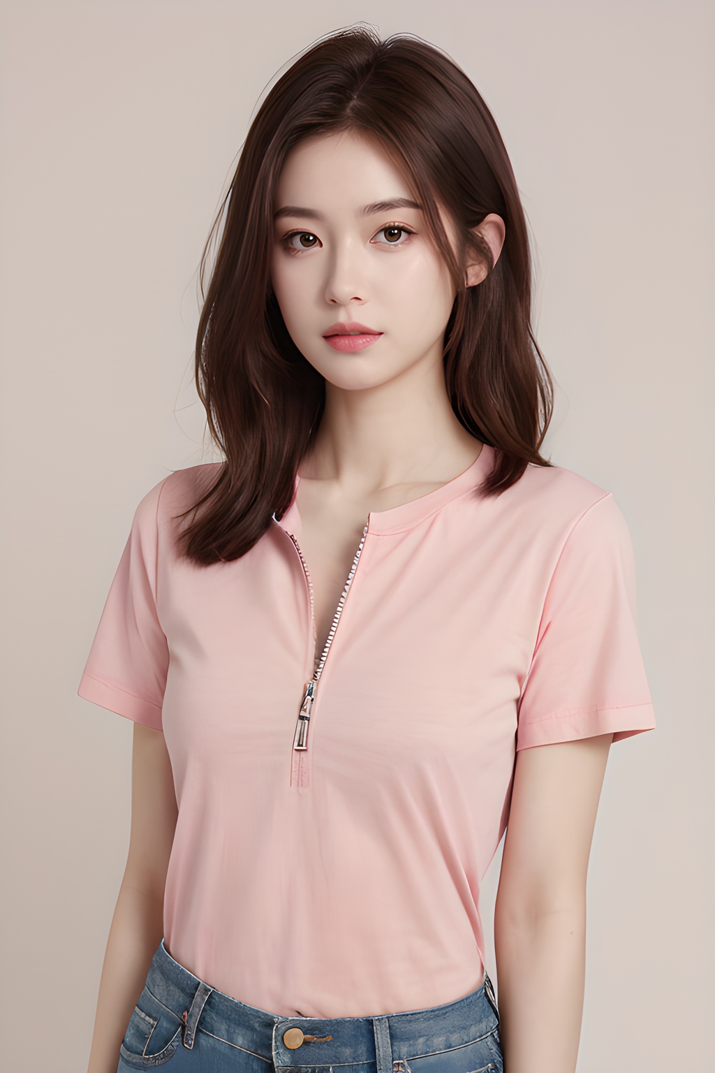 <lora:0816_10:0.7>,partially_unzipped,pink,short sleeve T-shirts,simple background,, 1girl,realistic,masterpiece, best quality, photorealistic, HDR,detail