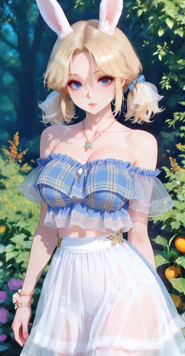 plaid shirt,  off-shoudler skirt,  rabbit ears on Tensor.Art