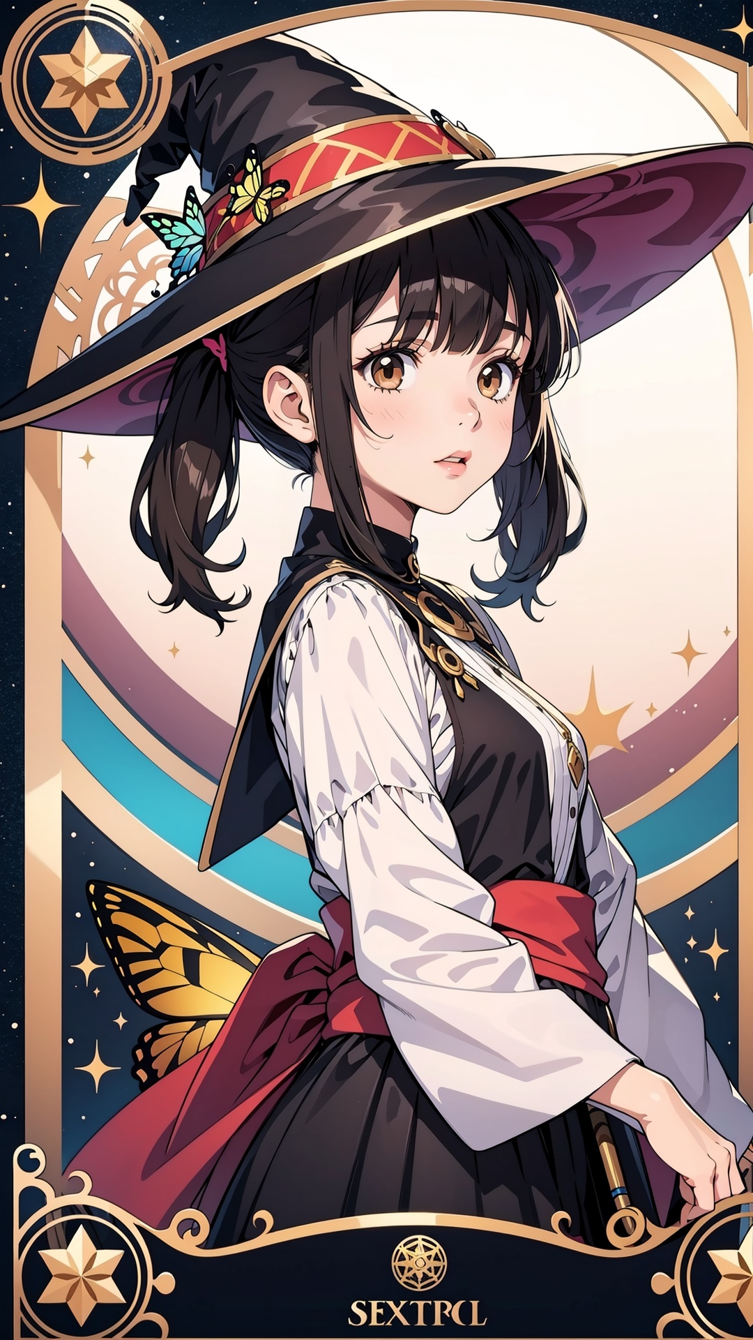 colorful butterfly,girl,full body,witch hat,(detailed face:1.2), Tarot border,The portrait is centered,(no weapon),, medium hair, black hair, twintails, blunt bangs, brown eyes,