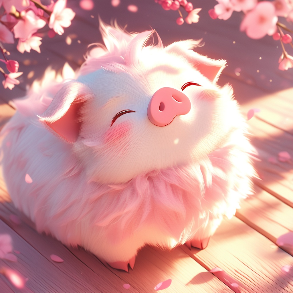 haizhu,pig,fluffy,sunlight,light particles,^ ^,whiskers,cc-color-correction,mf-movie-filter,warm colors,whimsy and dramatic lighting,white fur,soft lighting,pig focus,no humans,cute,closed eyes,petals,solo,wooden floor,bird,full body,cherry blossoms,pokemon \(creature\),<lora:haizhu_xl:0.8>,