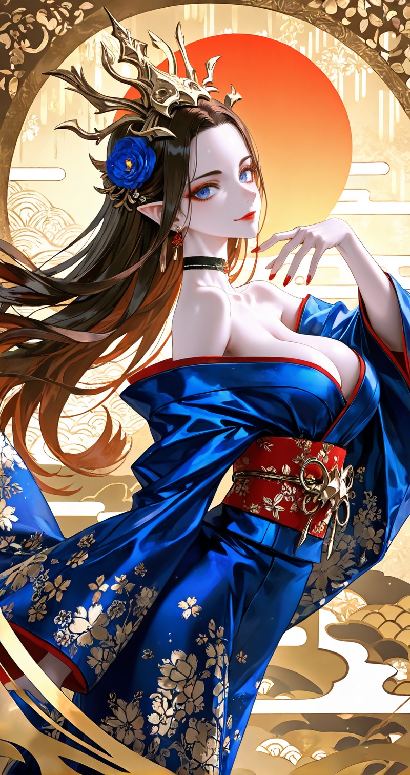<lora:美杜莎-0.0819:0.7>,meidusha,1girl,pointy ears,solo,long hair,earrings,jewelry,mature_female,black hair,forehead,(crown:1.2),hair ornament,looking at viewer,brown hair,blue eyes,red lips,makeup,1girl,breasts,solo,japanese clothes,kimono,smile,hair ornament,choker,large breasts,flower,looking at viewer,hair flower,wide sleeves,sash,earrings,blue kimono,jewelry,obi,floral print,sideboob,bare shoulders,black choker,off shoulder,long sleeves,alternate costume,close-up details,outstanding style,adding a touch of dimension to your images without compromising details,whirls of vapor,iridescent textures,(Anime:1.1),ethereal ambiance,delicate details,magical high-concept,32K UHD,sharp focus,best-quality,masterpiece,golden hour,unconventional supreme masterpiece,masterful details,temperate atmosphere,with a high-end texture,in the style of fashion photography,photography,cover,dynamic angle,dynamic posture,(artist:quasarcake:0.8),extreme aesthetic,(wlop:0.6),(honjou raita, lack, rella:0.5, wanke),masterpiece,best quality,good quality,very aesthetic,absurdres,visual impact,a shot with tension,ultra-high resolution,32K UHD,sharp focus,best-quality,masterpiece,emotionalization,unconventional supreme masterpiece,masterful details,temperate atmosphere,with a high-end texture,in the style of fashion photography,(visual impact:1.2),giving the poster a dynamic and visually striking appearance,impactful picture,official art,colorful,splash of color,movie perspective,masterpiece,best quality,amazing quality,very aesthetic,absurdres,best quality,newest,